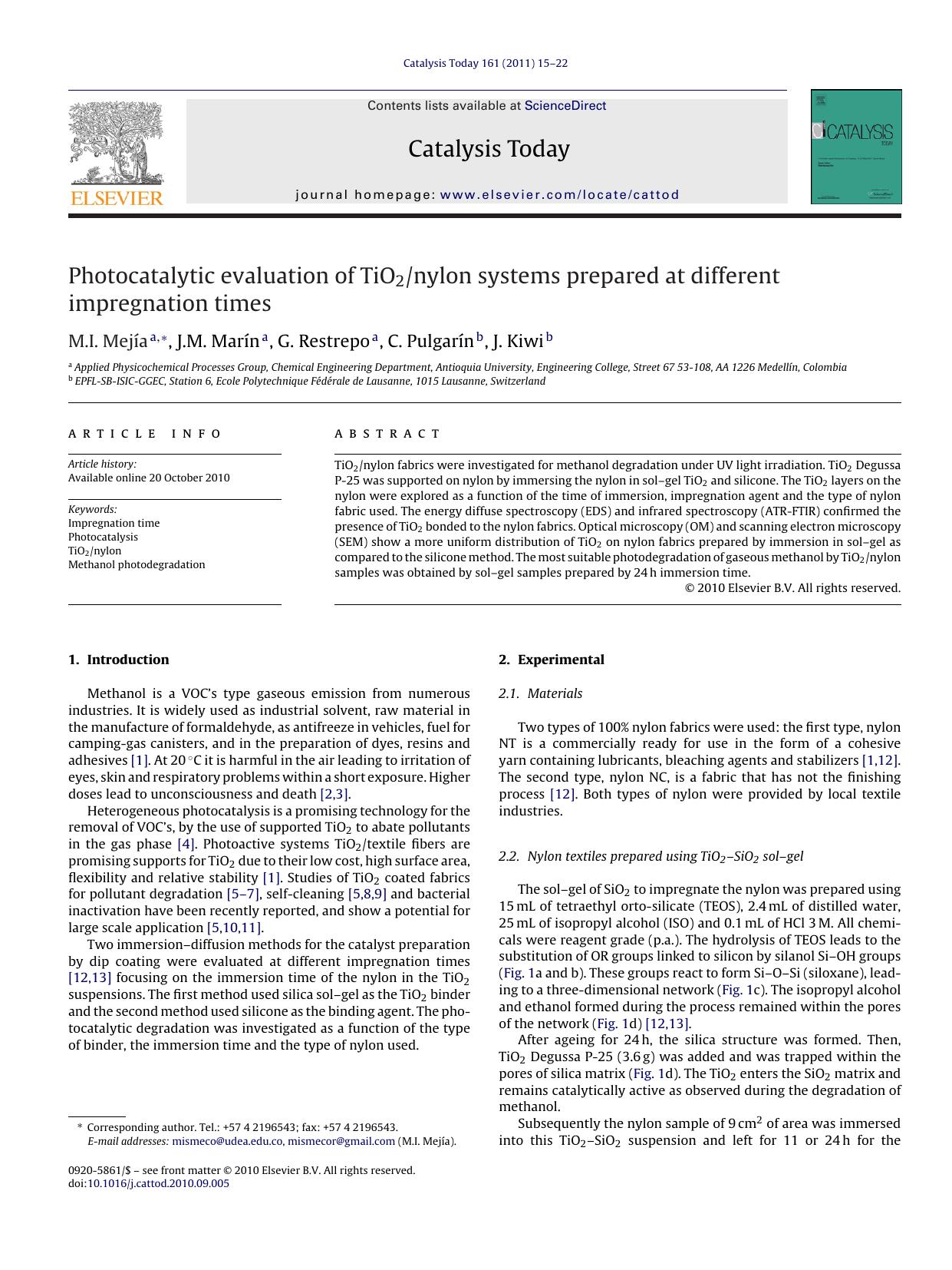 Photocatalytic evaluation of TiO2nylon systems prepared at different impregnation times by M.I. MejÃ­a