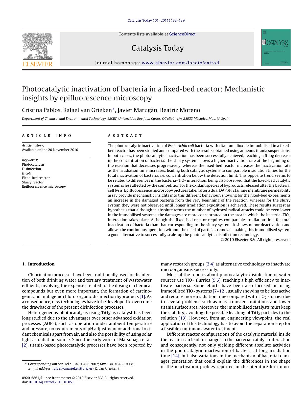 Photocatalytic inactivation of bacteria in a fixed-bed reactor: Mechanistic insights by epifluorescence microscopy by Cristina Pablos