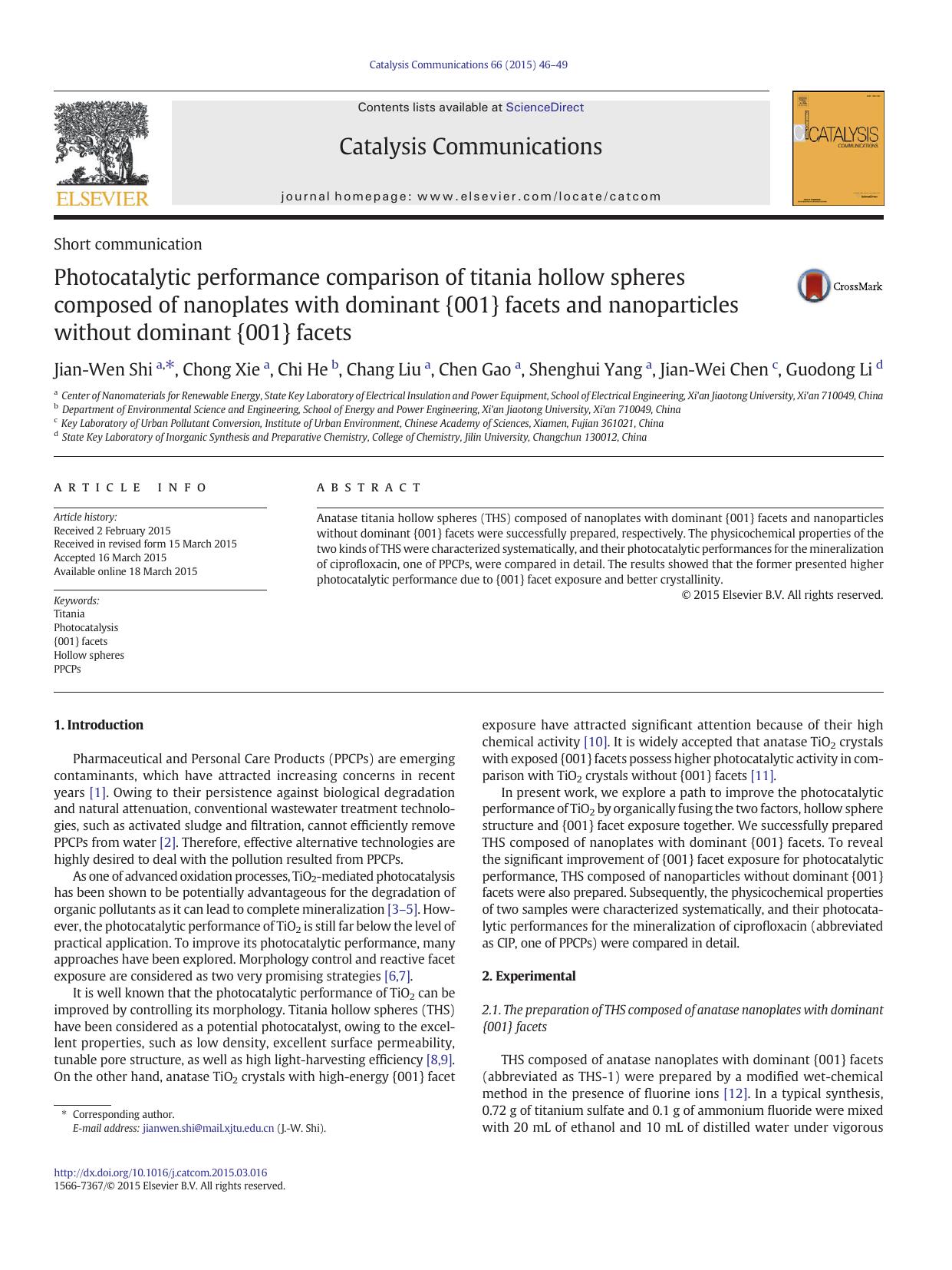 Photocatalytic performance comparison of titania hollow spheres composed of nanoplates with dominant {001} facets and nanoparticles without dominant {001} facets by unknow
