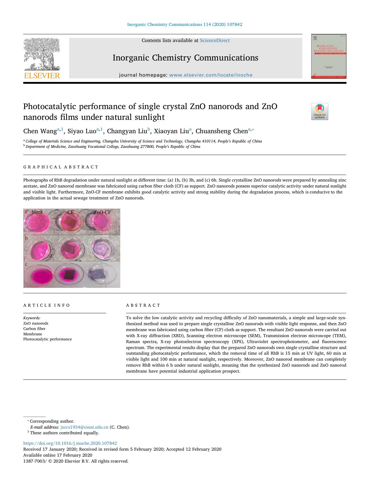 Photocatalytic performance of single crystal ZnO nanorods and ZnO nanorods films under natural sunlight by Chen Wang & Siyao Luo & Changyan Liu & Xiaoyan Liu & Chuansheng Chen