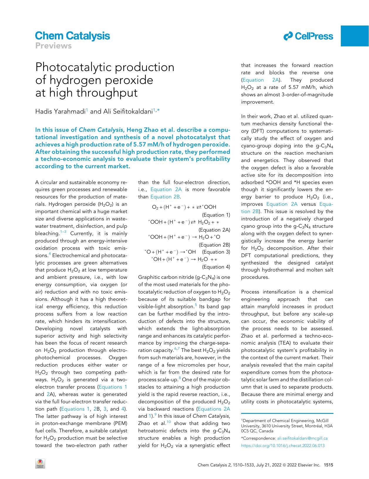 Photocatalytic production of hydrogen peroxide at high throughput by Hadis Yarahmadi