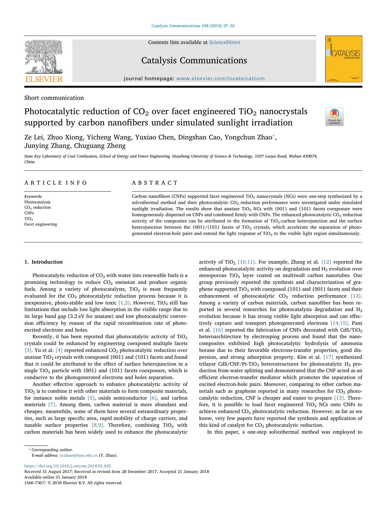 Photocatalytic reduction of CO2 over facet engineered TiO2 nanocrystals supported by carbon nanofibers under simulated sunlight irradiation by unknow