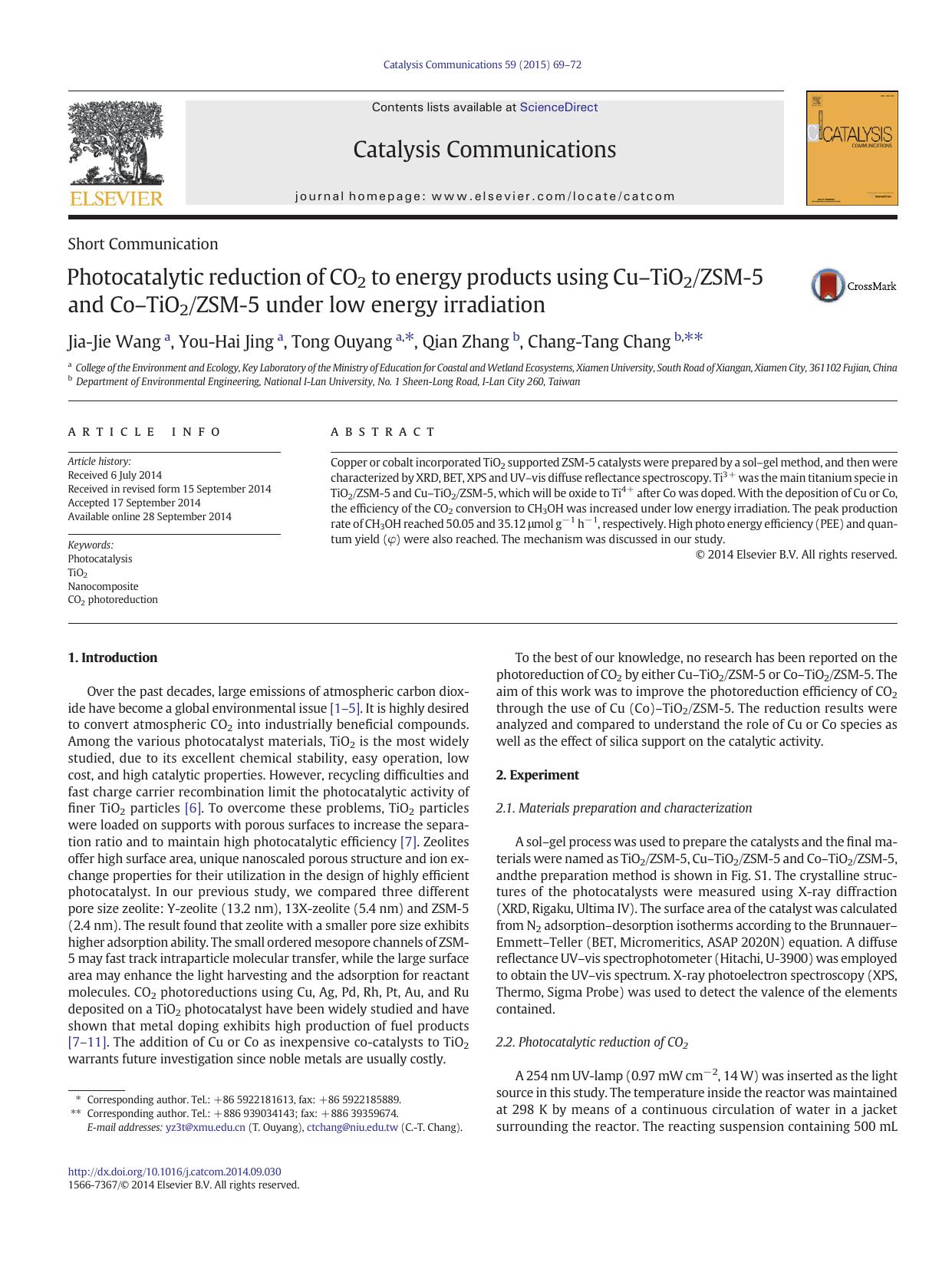 Photocatalytic reduction of CO2 to energy products using CuâTiO2ZSM-5 and CoâTiO2ZSM-5 under low energy irradiation by Jia-Jie Wang & You-Hai Jing & Tong Ouyang & Qian Zhang & Chang-Tang Chang