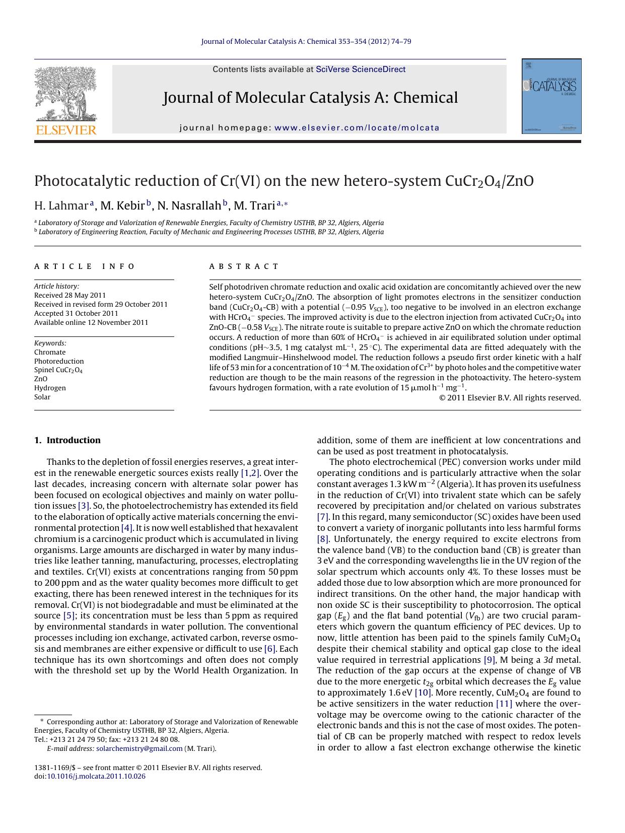 Photocatalytic reduction of Cr(VI) on the new hetero-system CuCr2O4ZnO by H. Lahmar