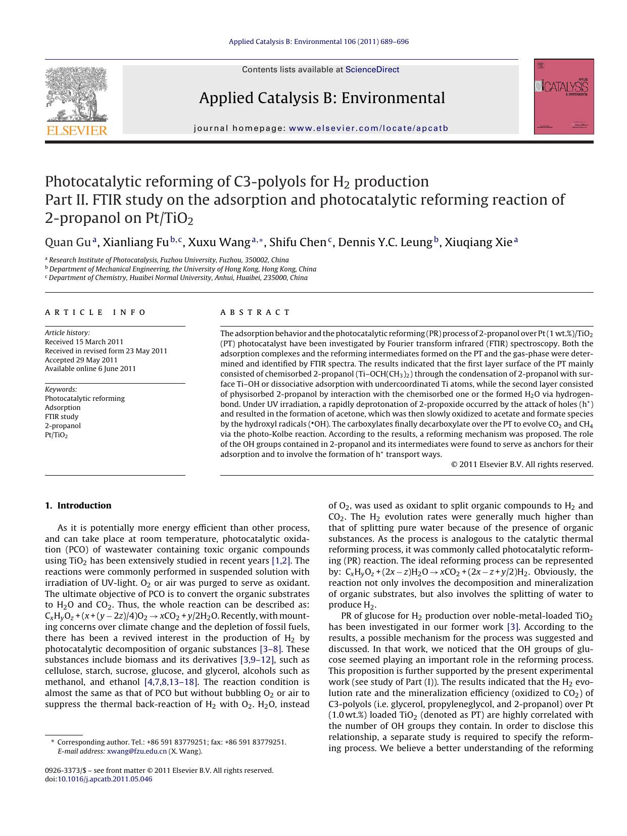Photocatalytic reforming of C3-polyols for H2 production: Part II. FTIR study on the adsorption and photocatalytic reforming reaction of 2-propanol on PtTiO2 by Quan Gu
