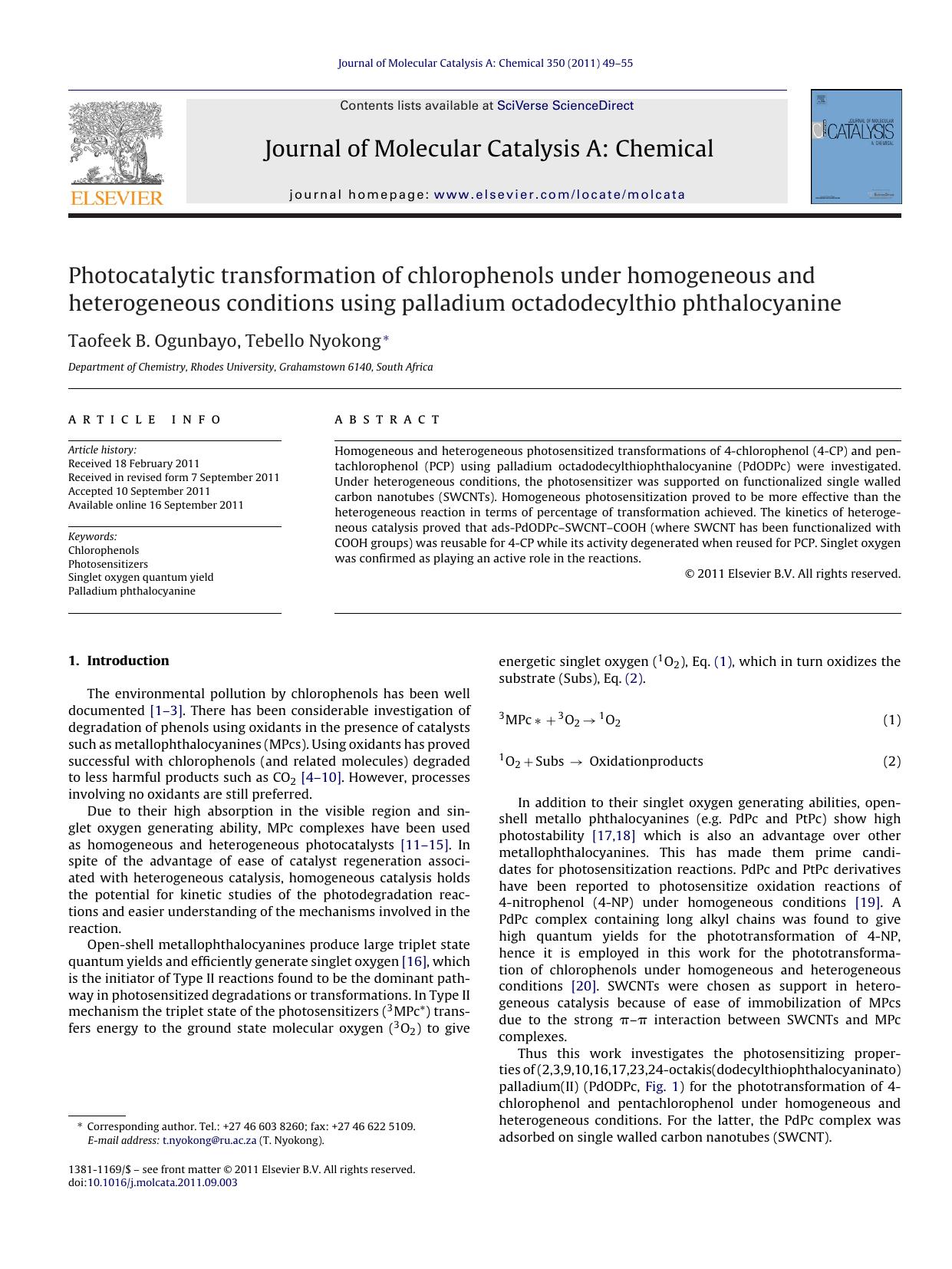 Photocatalytic transformation of chlorophenols under homogeneous and heterogeneous conditions using palladium octadodecylthio phthalocyanine by Taofeek B. Ogunbayo