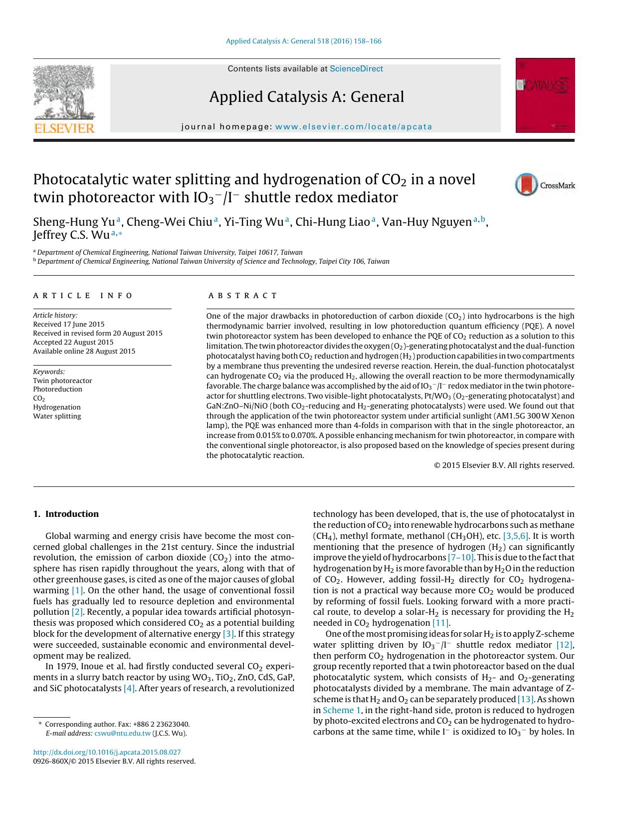 Photocatalytic water splitting and hydrogenation of CO2 in a novel twin photoreactor with IO3âIâ shuttle redox mediator by Sheng-Hung Yu & Cheng-Wei Chiu & Yi-Ting Wu & Chi-Hung Liao & Van-Huy Nguyen & Jeffrey C.S. Wu