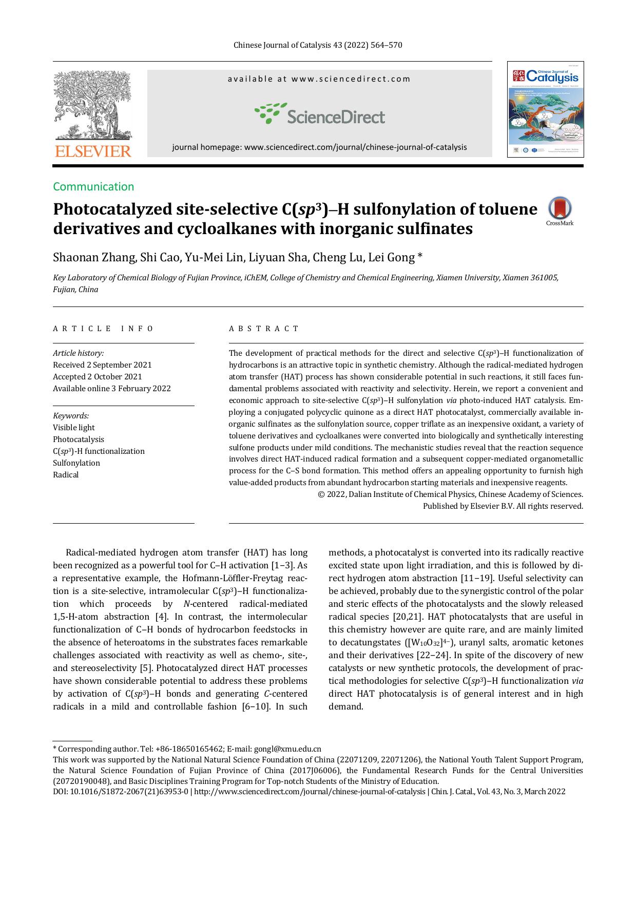 Photocatalyzed site-selective C(sp3)-H sulfonylation of toluene derivatives and cycloalkanes with inorganic sulfinates by Shaonan Zhang & Shi Cao & Yu-Mei Lin & Liyuan Sha & Cheng Lu & Lei Gong