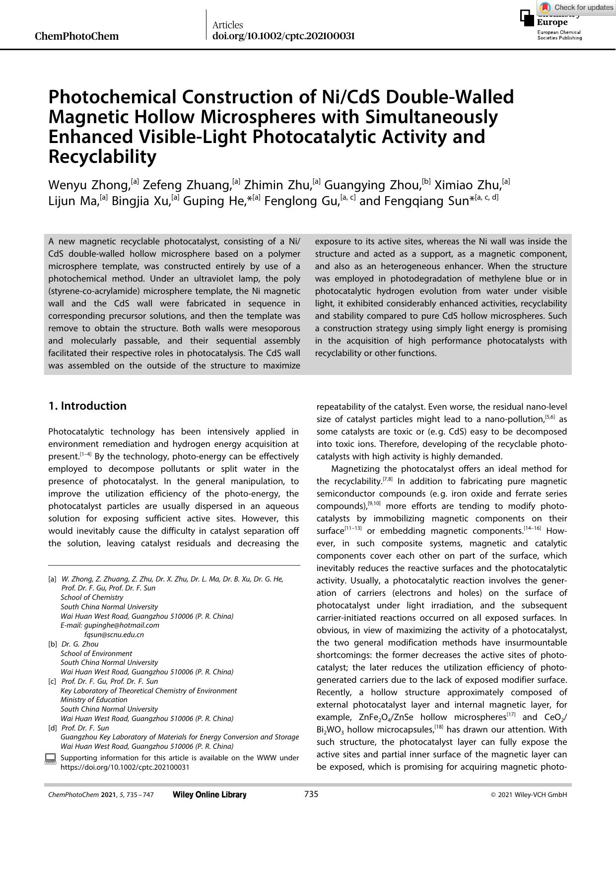 Photochemical Construction of NiCdS DoubleâWalled Magnetic Hollow Microspheres with Simultaneously Enhanced VisibleâLight Photocatalytic Activity and Recyclability by Unknown