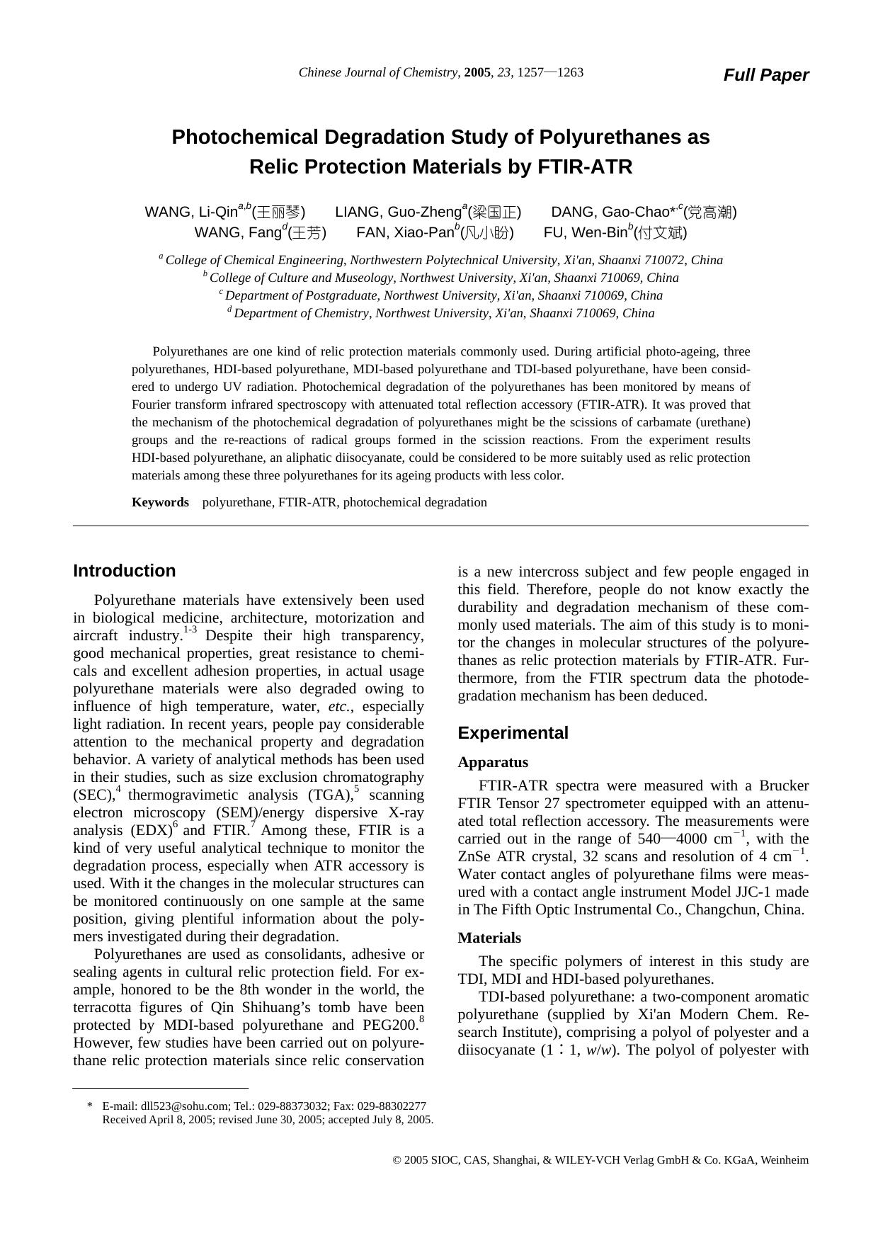 Photochemical Degradation Study of Polyurethanes as Relic Protection Materials by FTIR-ATR by fyy