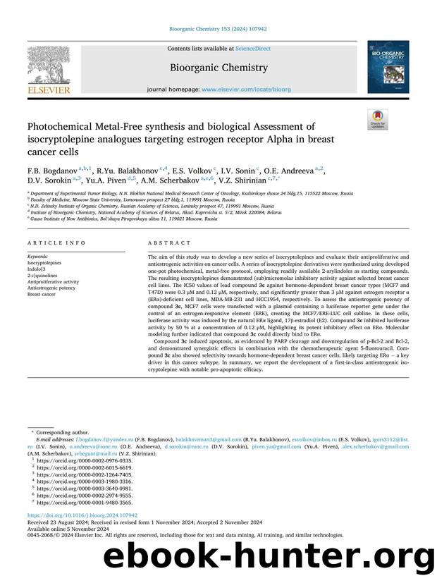 Photochemical Metal-Free synthesis and biological Assessment of isocryptolepine analogues targeting estrogen receptor Alpha in breast cancer cells by F.B. Bogdanov