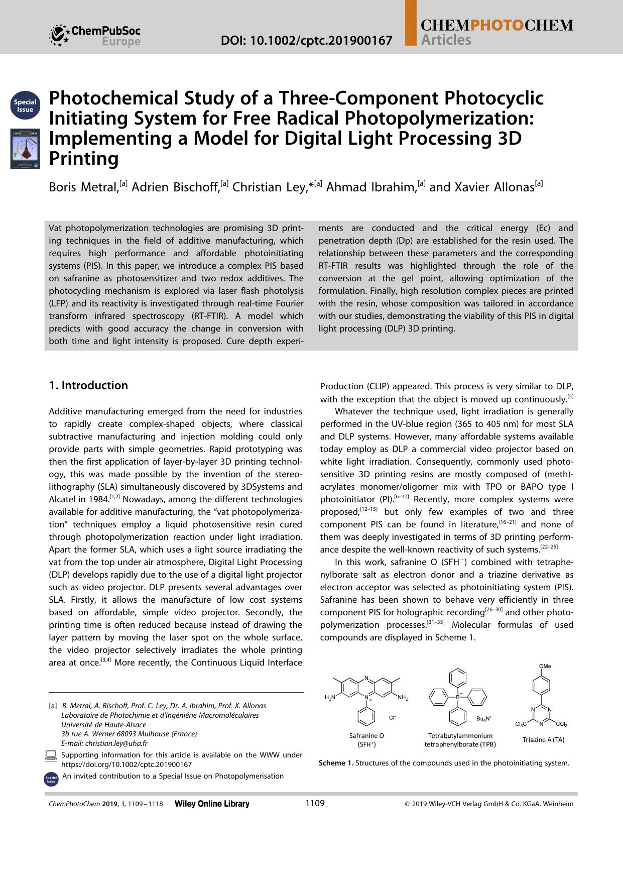 Photochemical Study of a ThreeâComponent Photocyclic Initiating System for Free Radical Photopolymerization: Implementing a Model for Digital Light Processing 3D Printing by Unknown