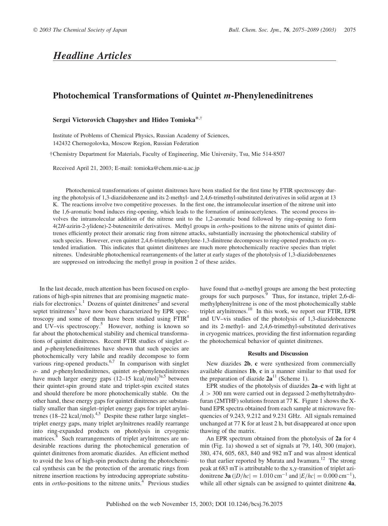 Photochemical Transformations of Quintet m-Phenylenedinitrenes by Sergei Victorovich Chapyshev & Hideo Tomioka