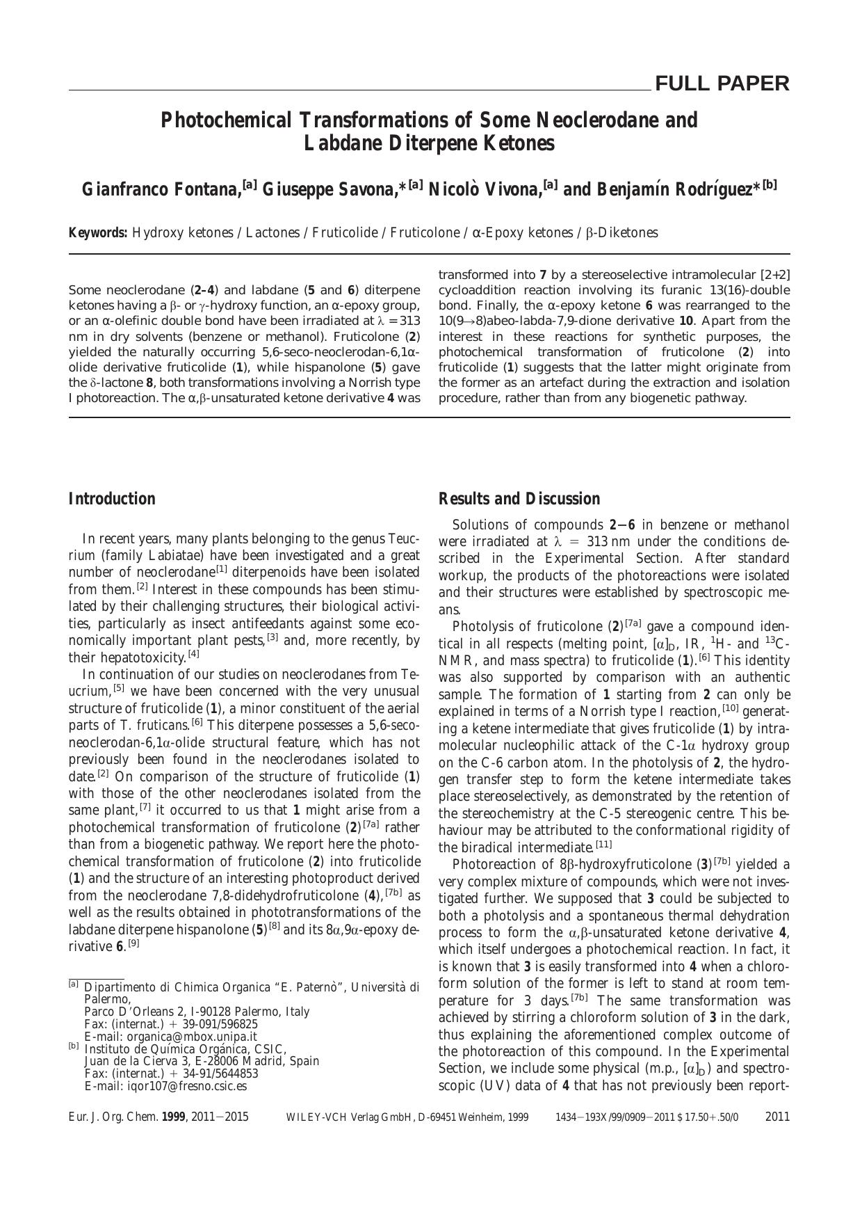 Photochemical Transformations of Some Neoclerodane and Labdane Diterpene Ketones by Unknown