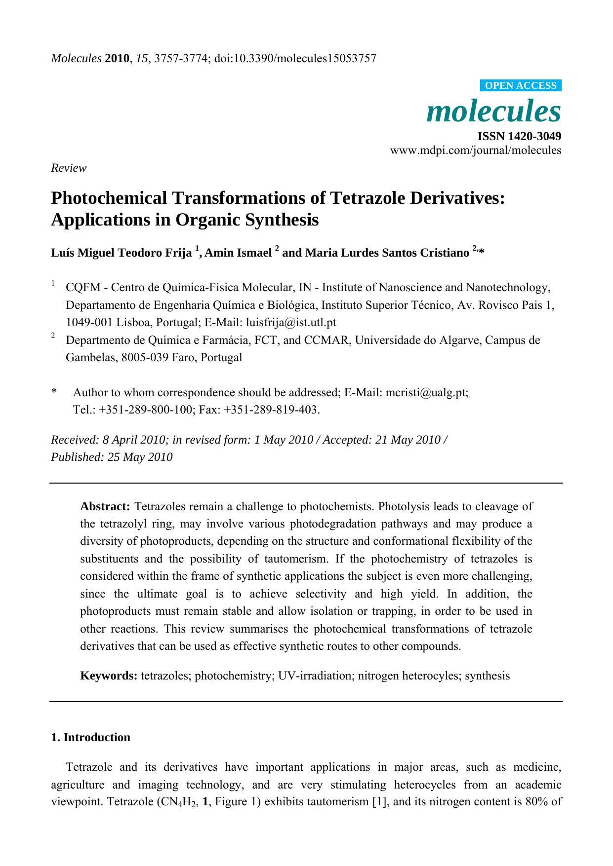 Photochemical Transformations of Tetrazole Derivatives: Applications in Organic Synthesis by Luís Miguel Teodoro Frija & Amin Ismael & Maria Lurdes Santos Cristiano