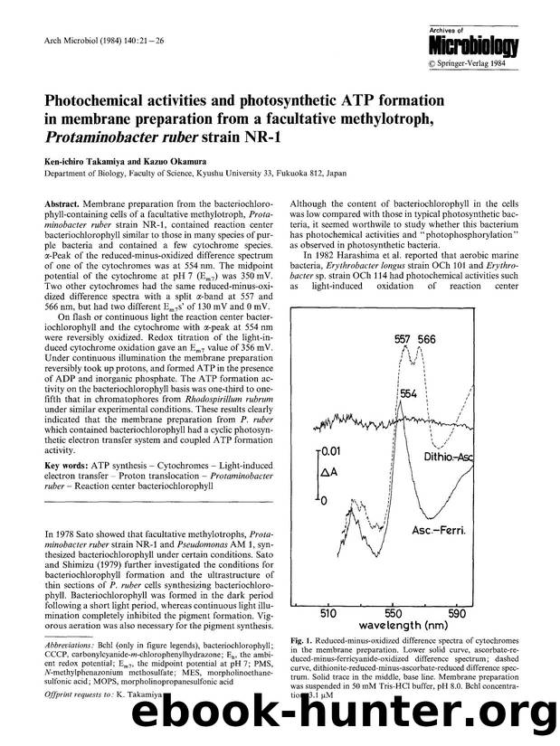 Photochemical activities and photosynthetic ATP formation in membrane preparation from a facultative methylotroph, <Emphasis Type="Italic">Protaminobacter ruber<Emphasis> strain NR-1 by Unknown