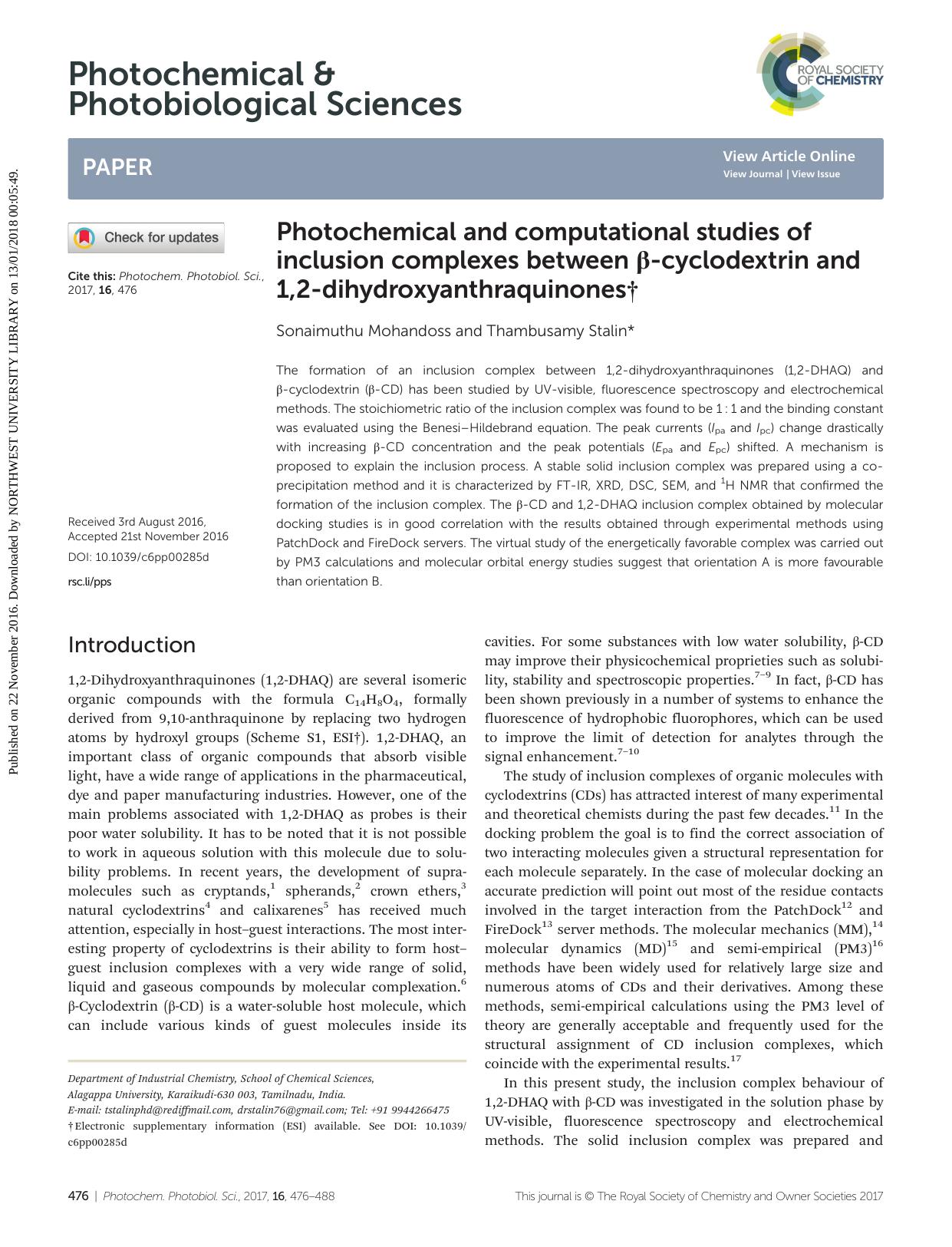 Photochemical and computational studies of inclusion complexes between Î²-cyclodextrin and 1,2-dihydroxyanthraquinones by Sonaimuthu Mohandoss Thambusamy Stalin