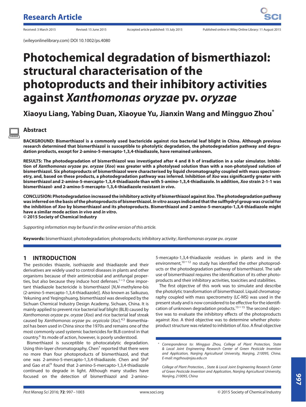 Photochemical degradation of bismerthiazol: structural characterisation of the photoproducts and their inhibitory activities against Xanthomonas oryzae pv. oryzae by Unknown