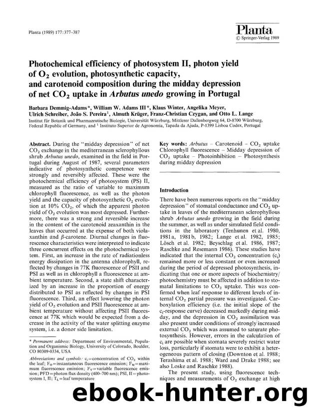 Photochemical efficiency of photosystem II, photon yield of O<Subscript>2<Subscript> evolution, photosynthetic capacity, and carotenoid composition during the midday depression of  by Unknown