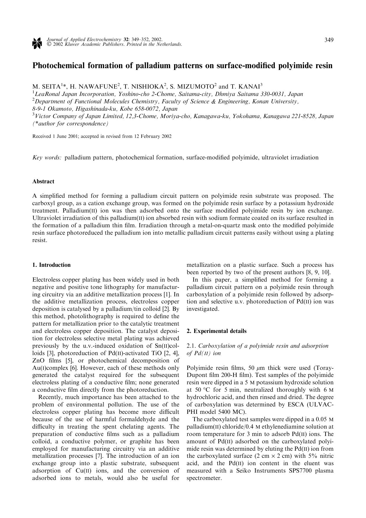 Photochemical formation of palladium patterns on surface-modified polyimide resin by Unknown