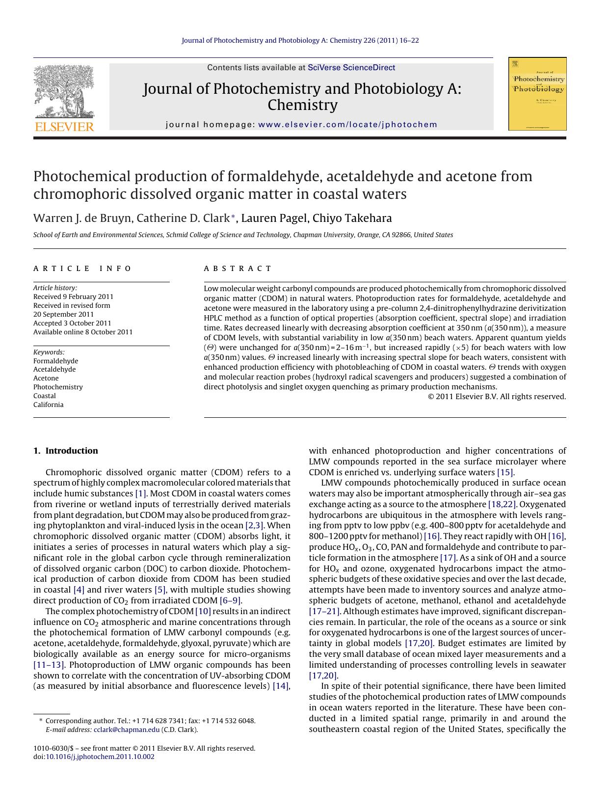 Photochemical production of formaldehyde, acetaldehyde and acetone from chromophoric dissolved organic matter in coastal waters by Warren J. de Bruyn