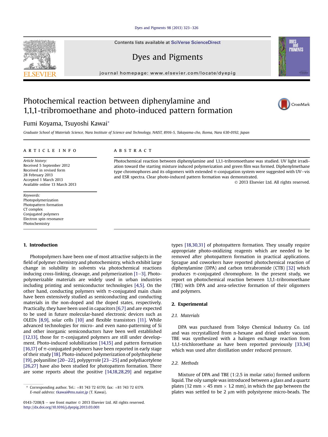 Photochemical reaction between diphenylamine and 1,1,1-tribromoethane and photo-induced pattern formation by Fumi Koyama & Tsuyoshi Kawai