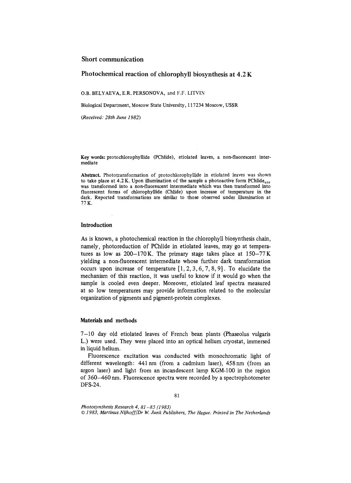 Photochemical reaction of chlorophyll biosynthesis at 4.2 K by Unknown