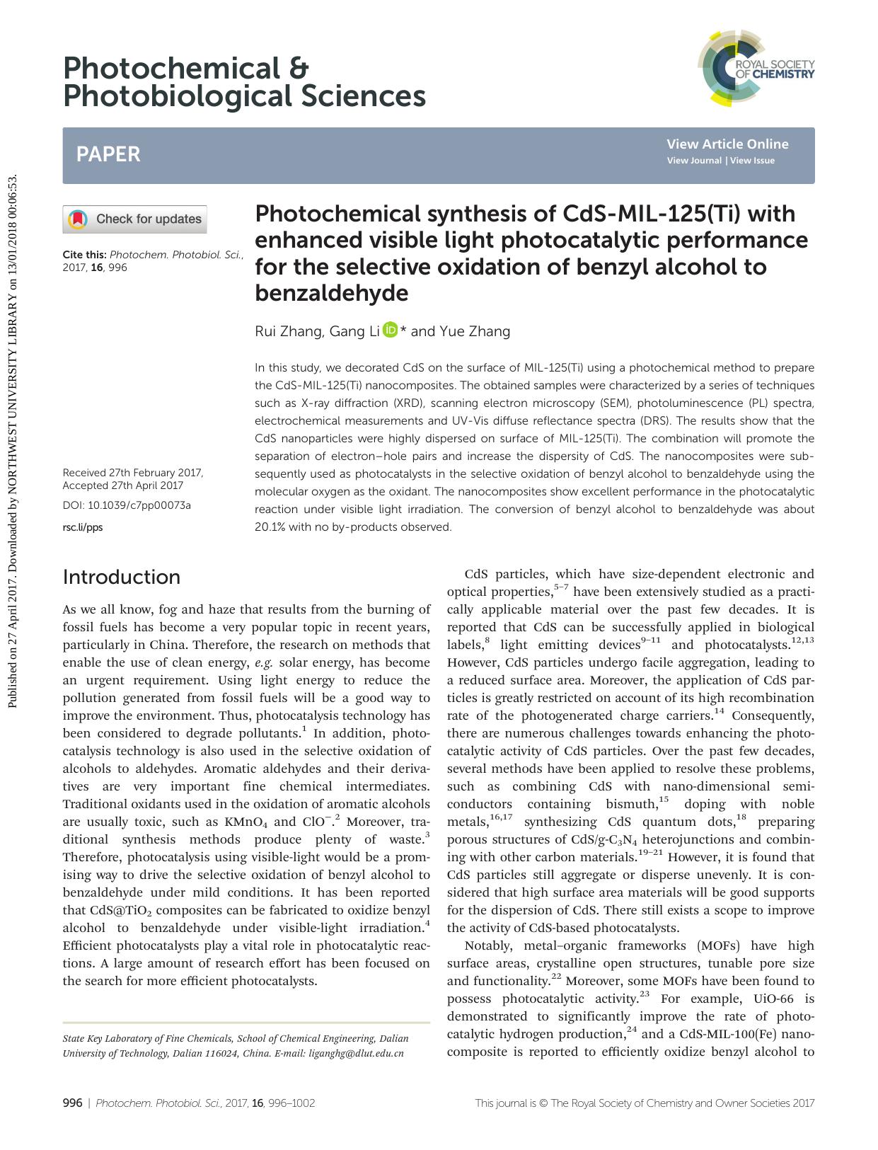 Photochemical synthesis of CdS-MIL-125(Ti) with enhanced visible light photocatalytic performance for the selective oxidation of benzyl alcohol to benzaldehyde by Rui Zhang Gang Li Yue Zhang