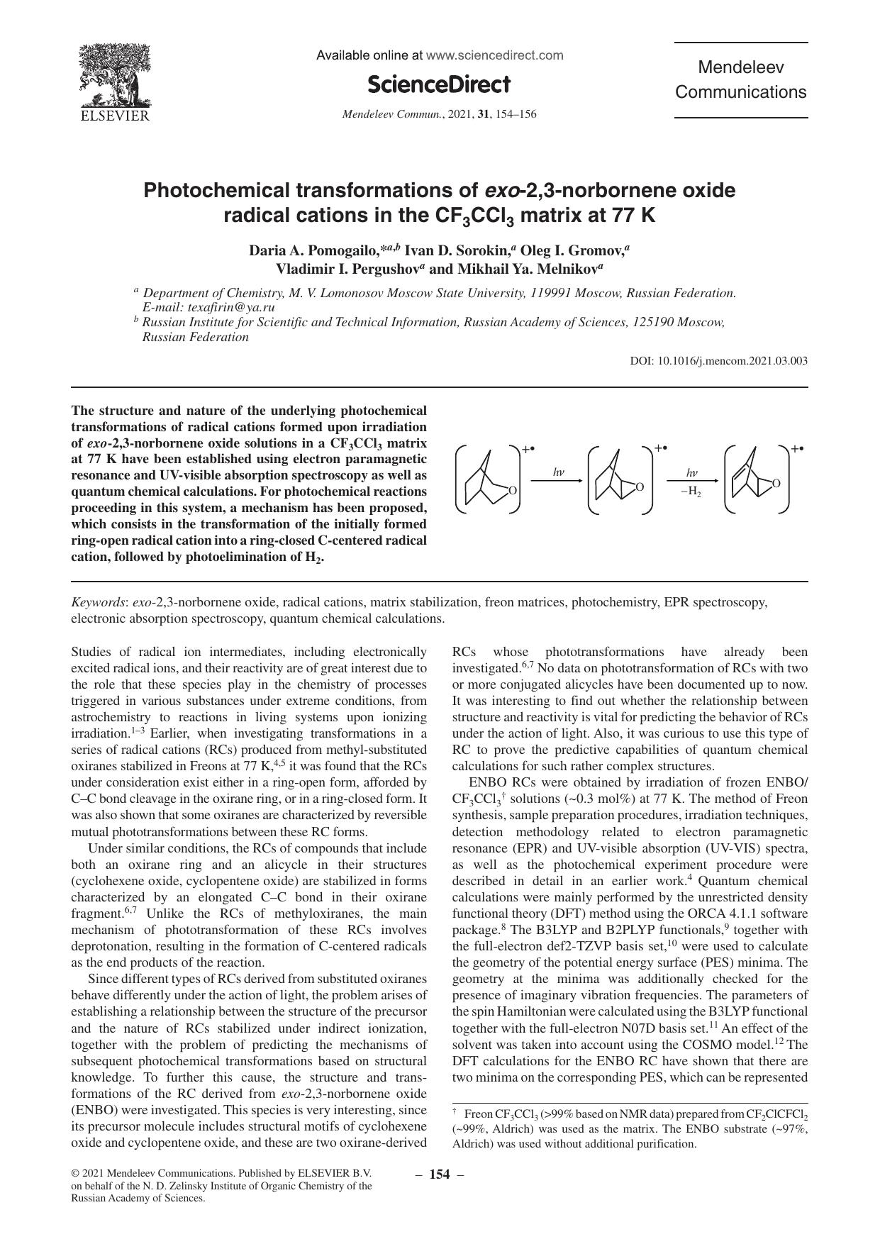 Photochemical transformations of exo-2,3-norbornene oxide radical cations in the CF3CCl3 matrix at 77K by Daria A. Pomogailo & Ivan D. Sorokin & Oleg I. Gromov & Vladimir I. Pergushov & Mikhail Ya. Melnikov