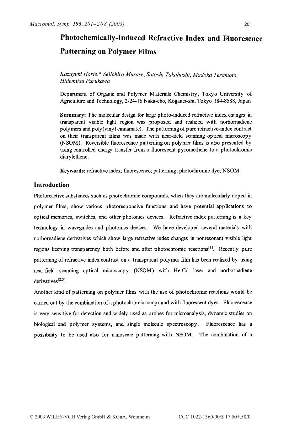 Photochemically-induced refractive index and fluoresence patterning on polymer films by Unknown