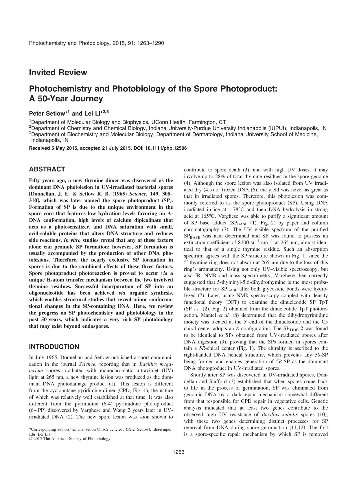 Photochemistry and Photobiology of the Spore Photoproduct: A 50&#x2010;Year Journey by Unknown