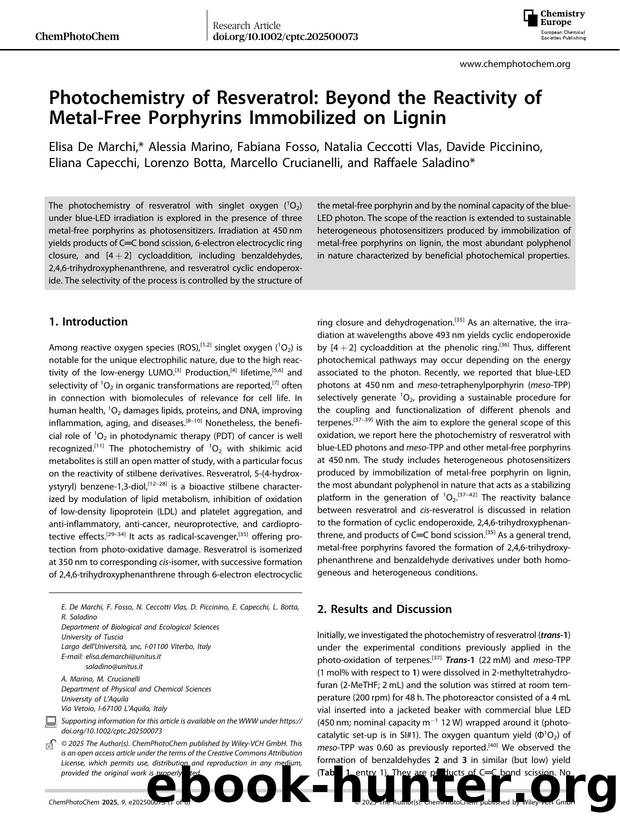 Photochemistry of Resveratrol: Beyond the Reactivity of MetalâFree Porphyrins Immobilized on Lignin by unknow