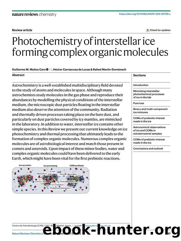 Photochemistry of interstellar ice forming complex organic molecules by Guillermo M. Muñoz Caro & Héctor Carrascosa de Lucas & Rafael Martín-Doménech