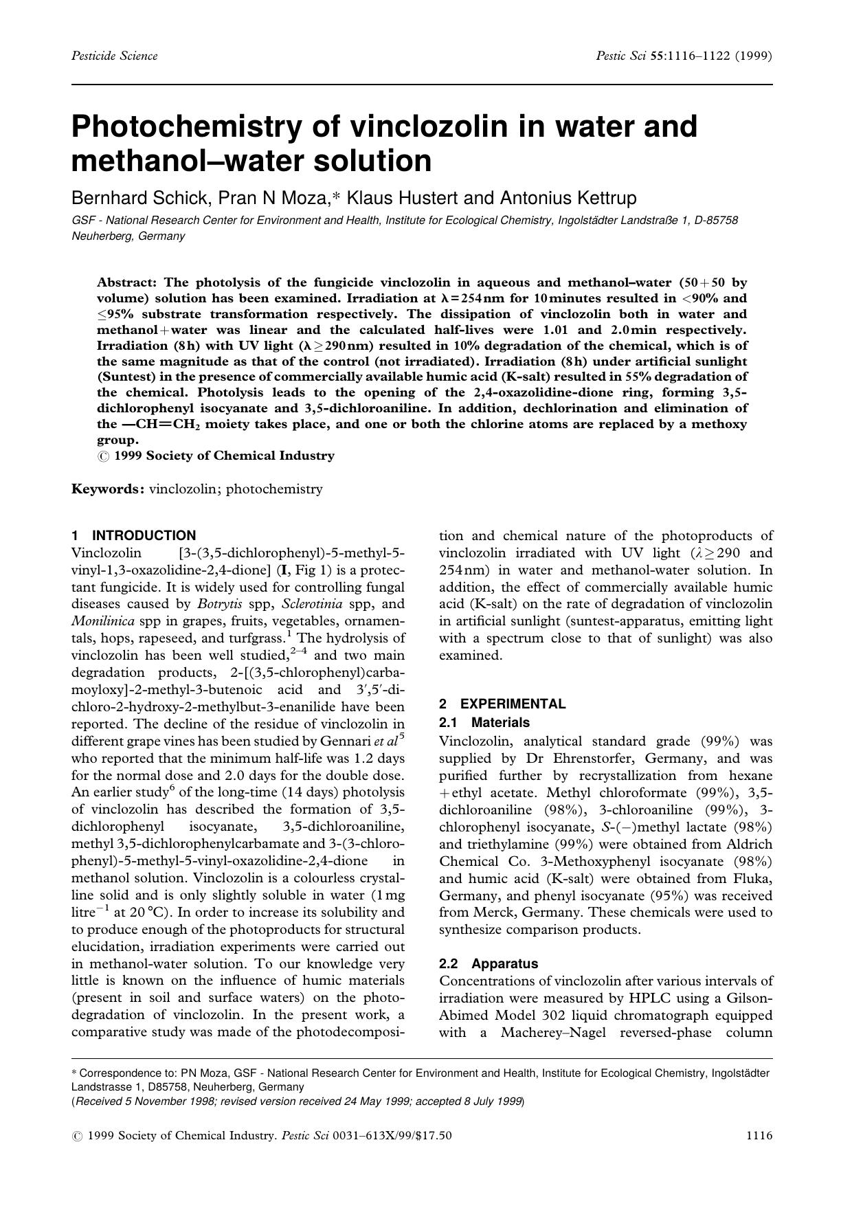 Photochemistry of vinclozolin in water and methanolwater solution by Unknown