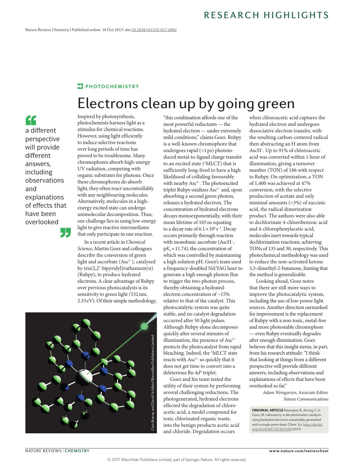 Photochemistry: Electrons clean up by going green by Adam Weingarten