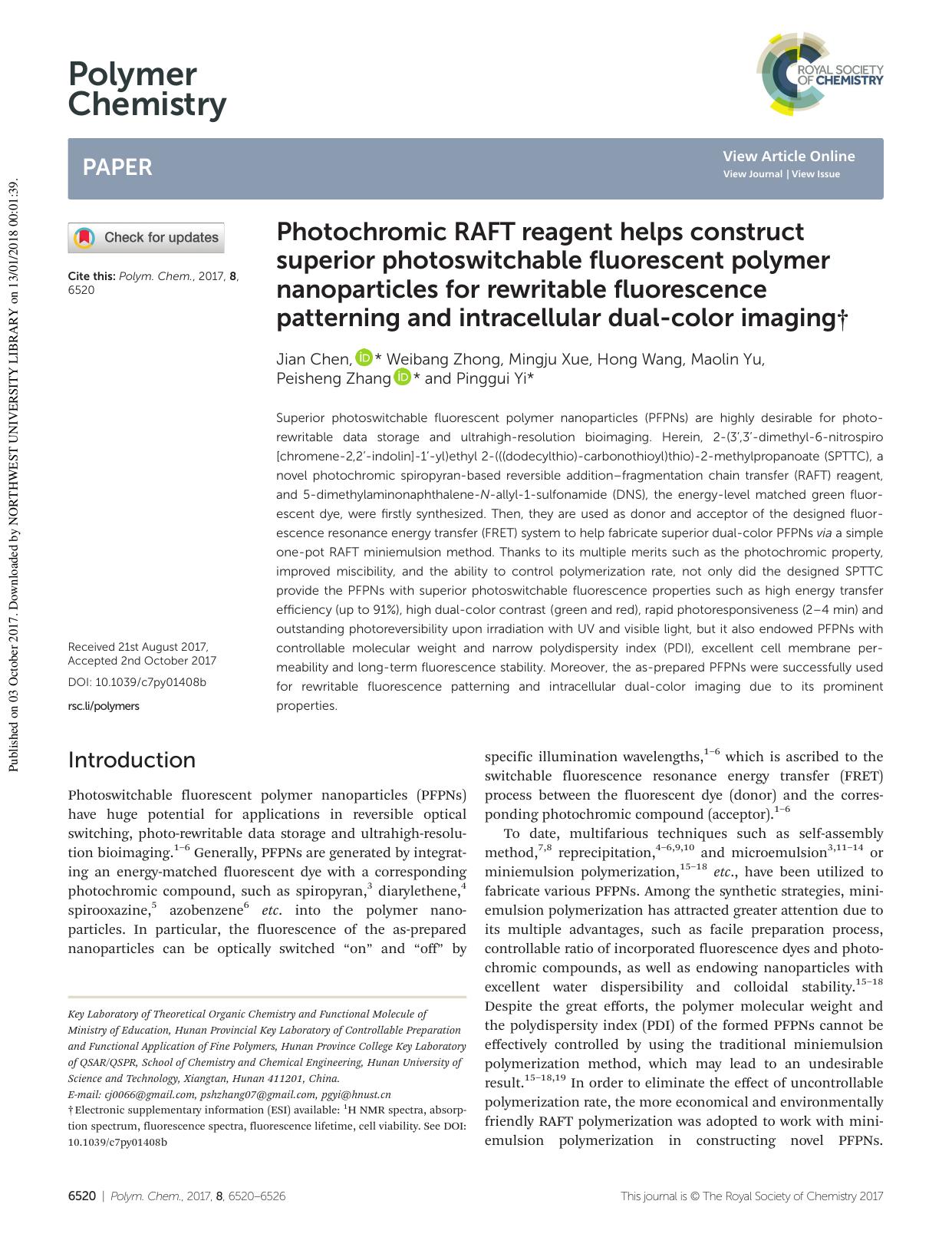 Photochromic RAFT reagent helps construct superior photoswitchable fluorescent polymer nanoparticles for rewritable fluorescence patterning and intracellular dual-color imaging by Jian Chen Weibang Zhong Mingju Xue Hong Wang Maolin Yu Peisheng Zhang Pinggui Yi