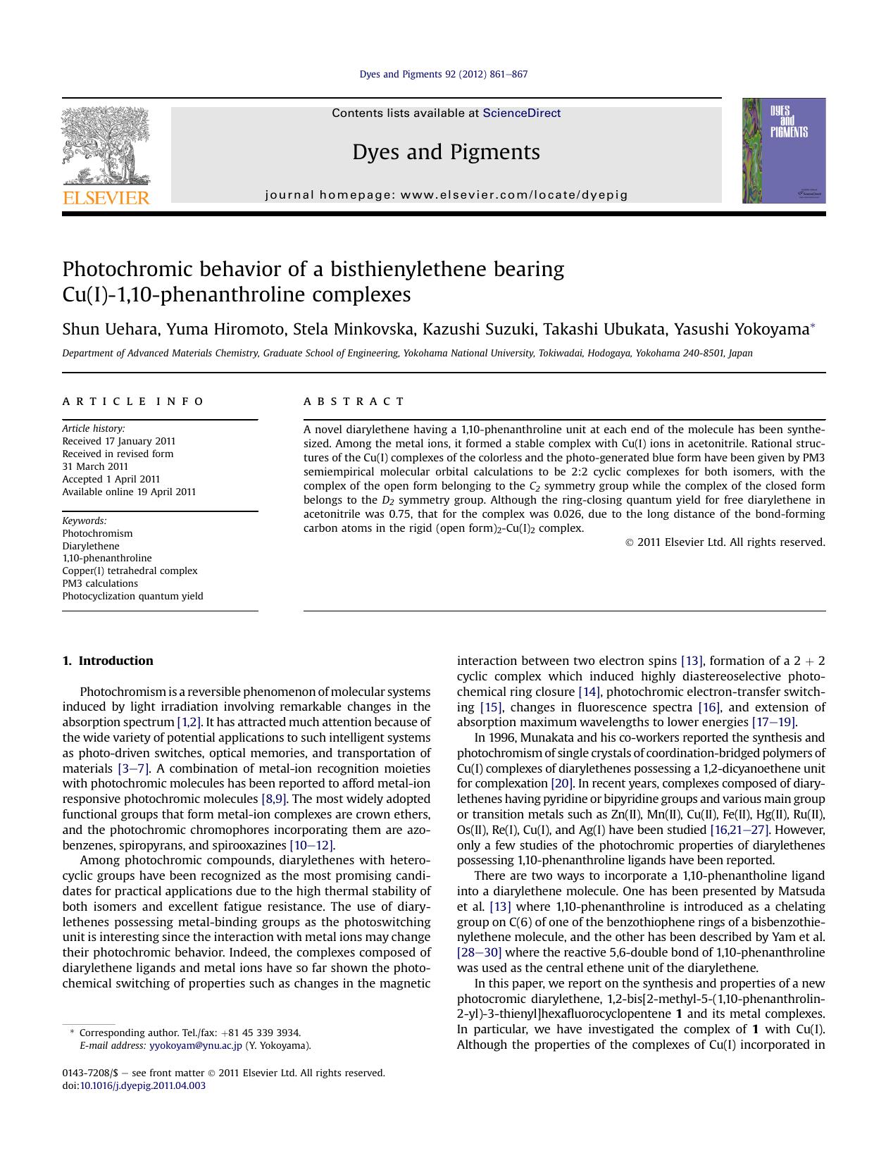 Photochromic behavior of a bisthienylethene bearing Cu(I)-1,10-phenanthroline complexes by Shun Uehara & Yuma Hiromoto & Stela Minkovska & Kazushi Suzuki & Takashi Ubukata & Yasushi Yokoyama