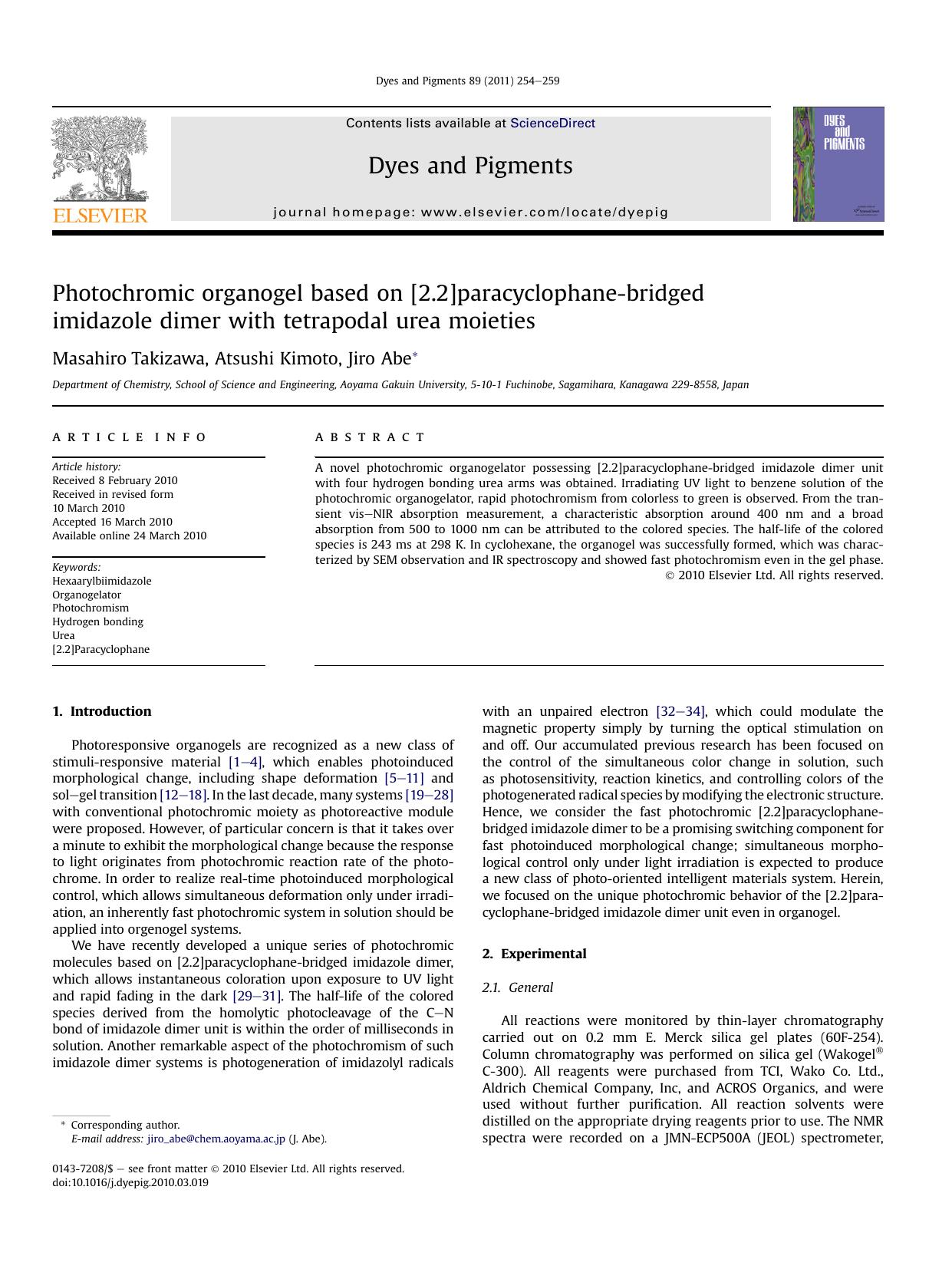 Photochromic organogel based on [2.2]paracyclophane-bridged imidazole dimer with tetrapodal urea moieties by Masahiro Takizawa & Atsushi Kimoto & Jiro Abe