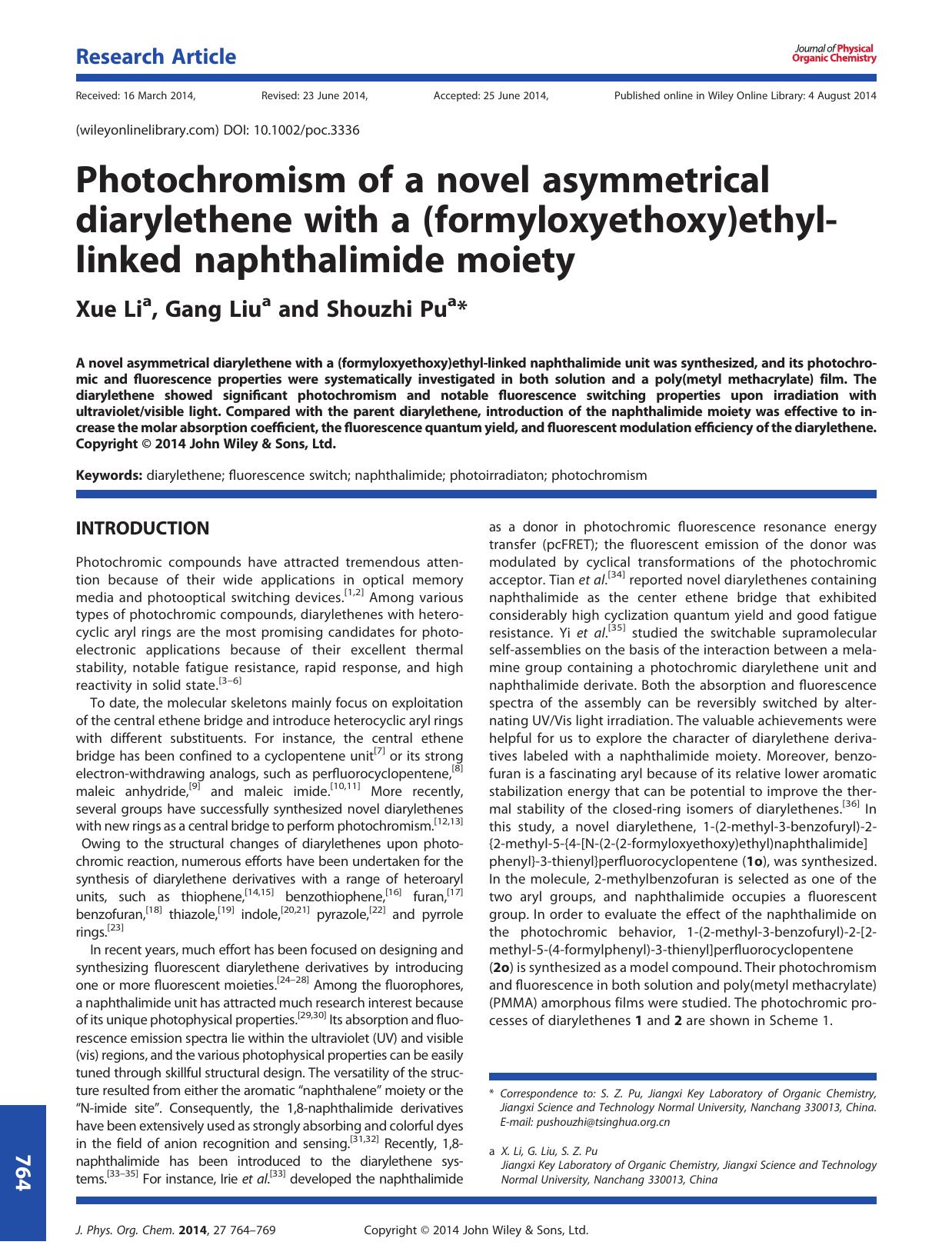 Photochromism of a novel asymmetrical diarylethene with a (formyloxyethoxy)ethyl-linked naphthalimide moiety by Xue Li & Gang Liu & Shouzhi Pu