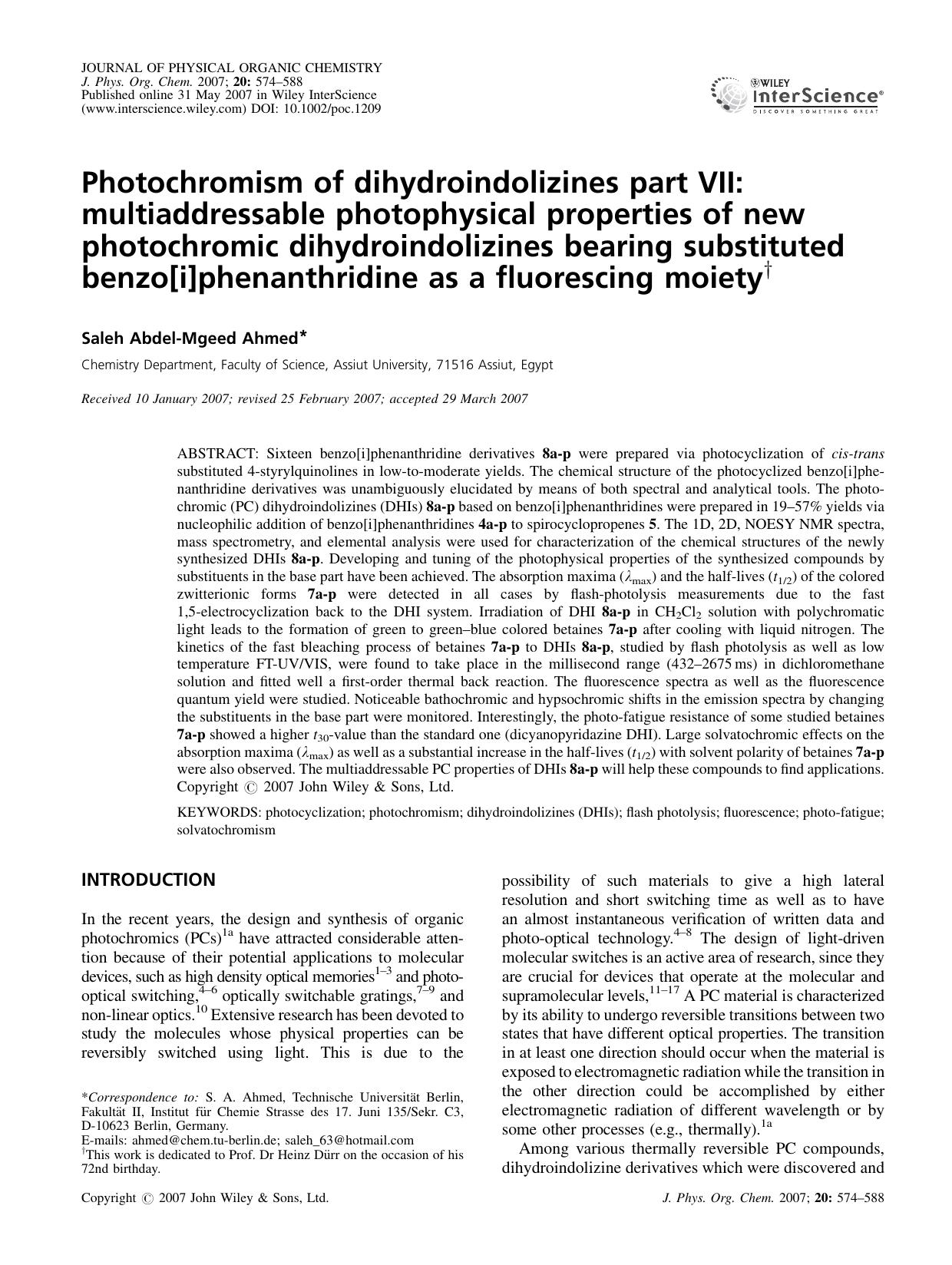 Photochromism of dihydroindolizines part VII: multiaddressable photophysical properties of new photochromic dihydroindolizines bearing substituted benzo[i]phenanthridine as a fluorescing moiety by Unknown