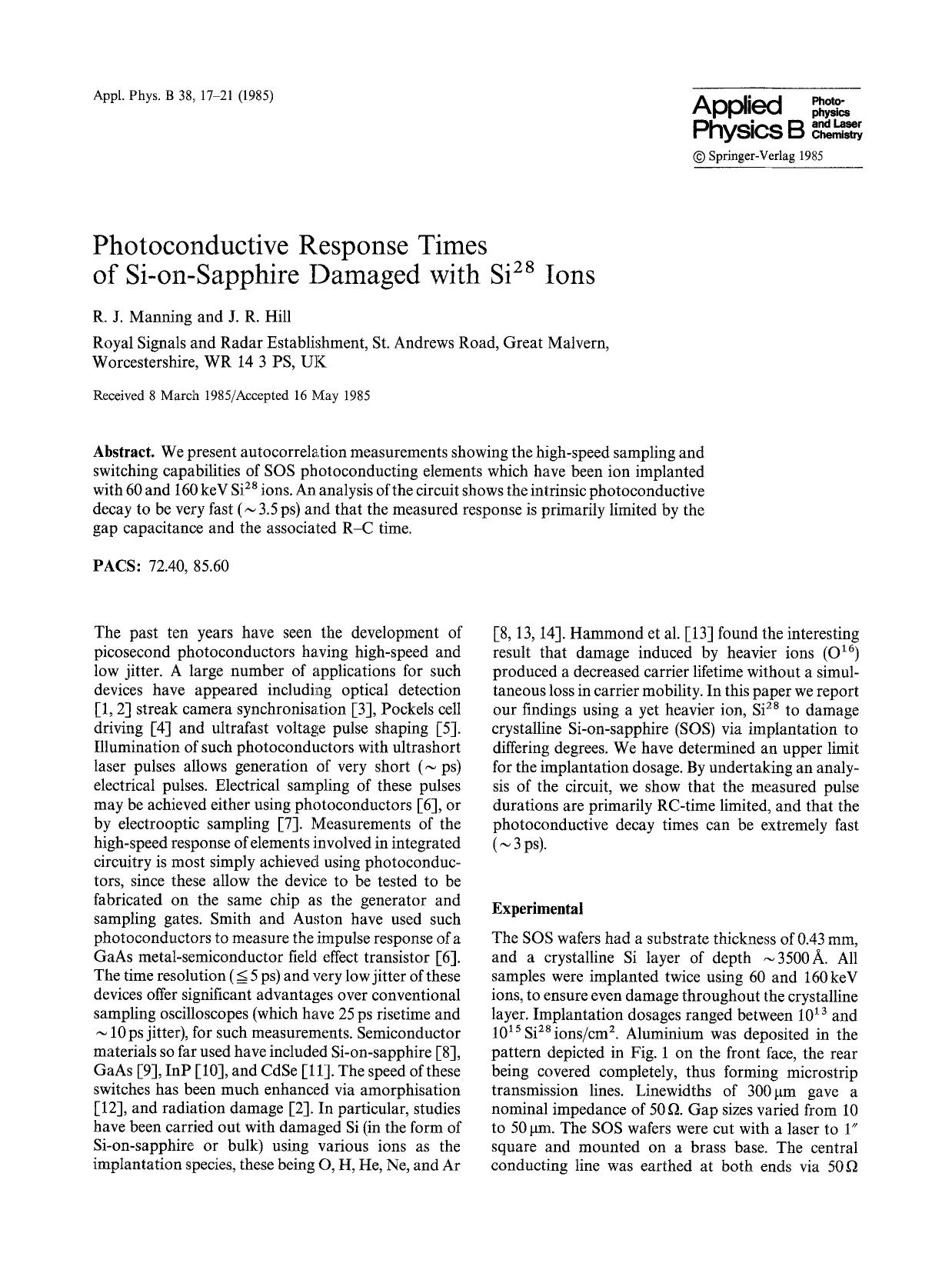 Photoconductive response times of Si-on-sapphire damaged with Si <Superscript>28 <Superscript> ions by Unknown