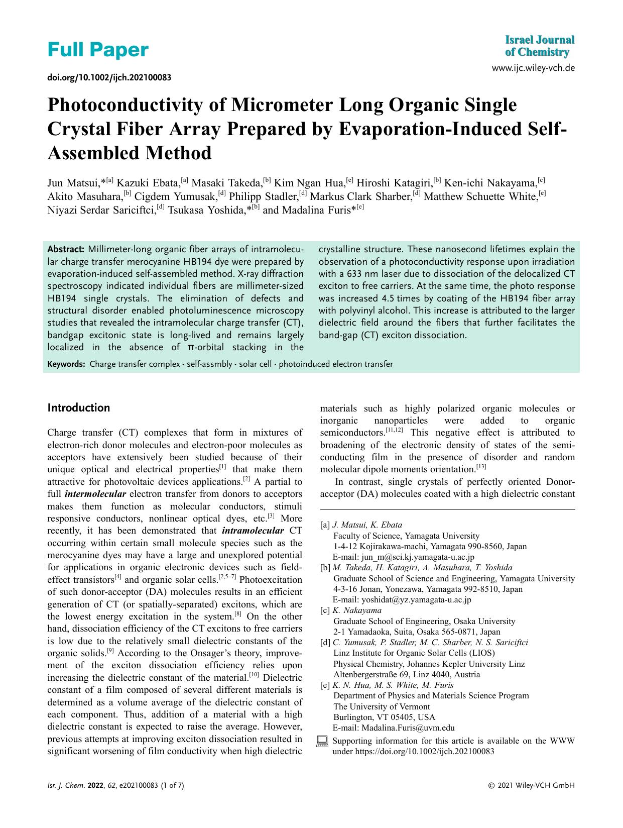 Photoconductivity of Micrometer Long Organic Single Crystal Fiber Array Prepared by EvaporationâInduced SelfâAssembled Method by Unknown