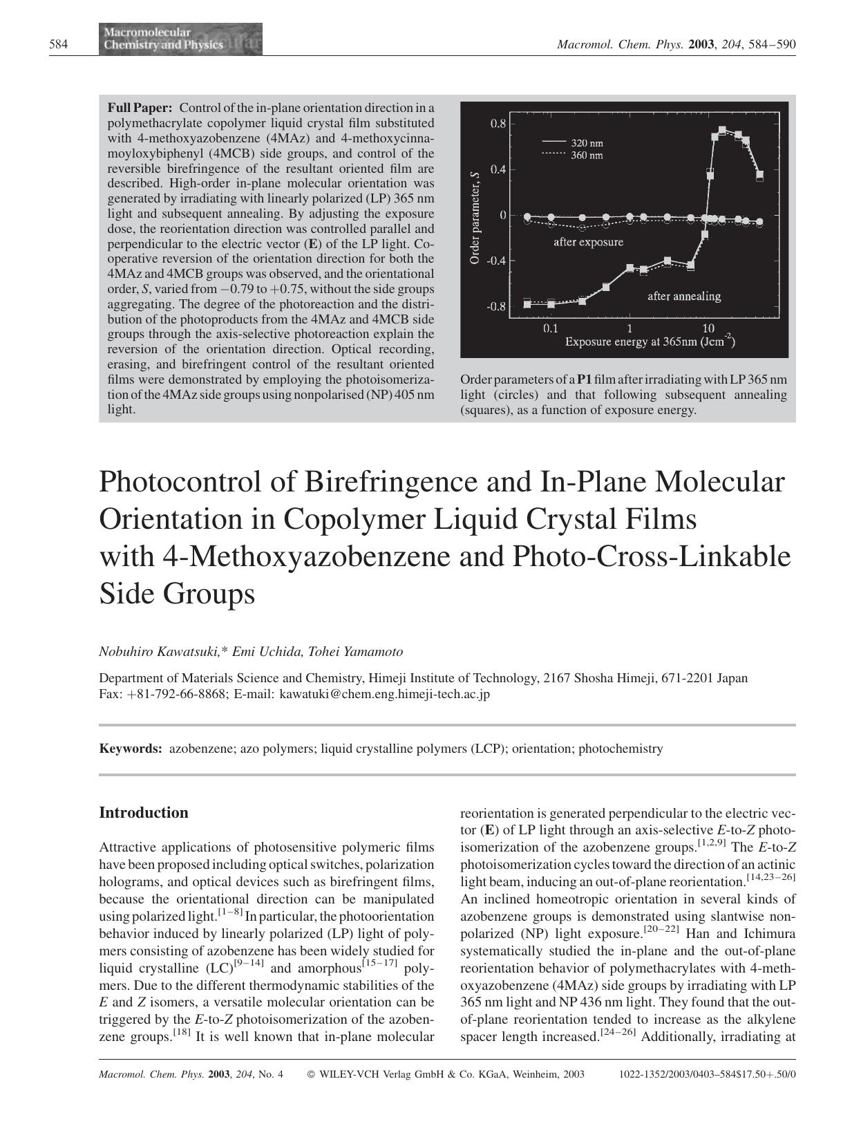 Photocontrol of Birefringence and In-Plane Molecular Orientation in Copolymer Liquid Crystal Films with 4-Methoxyazobenzene and Photo-Cross-Linkable Side Groups by Unknown