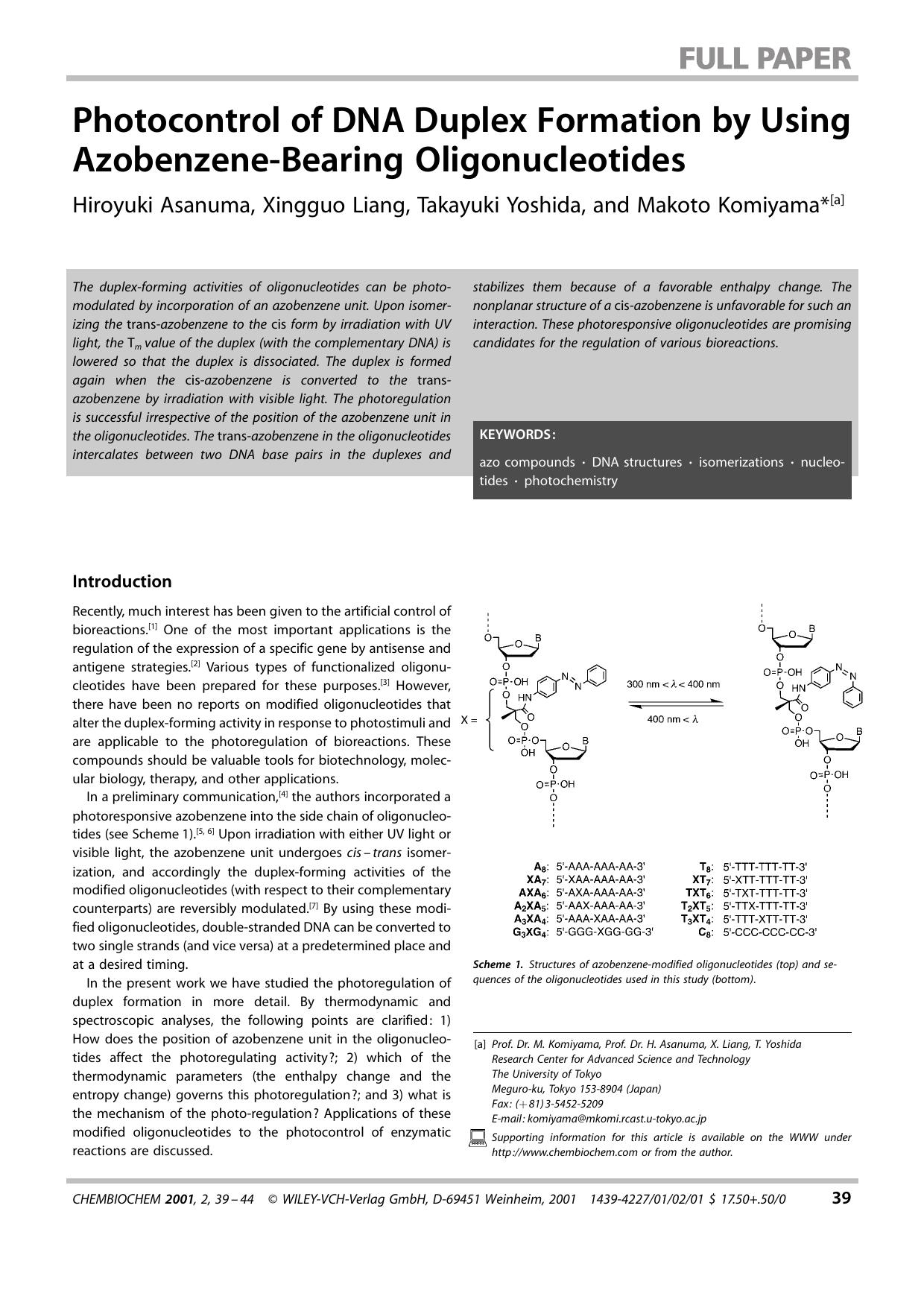 Photocontrol of DNA Duplex Formation by Using Azobenzene-Bearing Oligonucleotides by Unknown