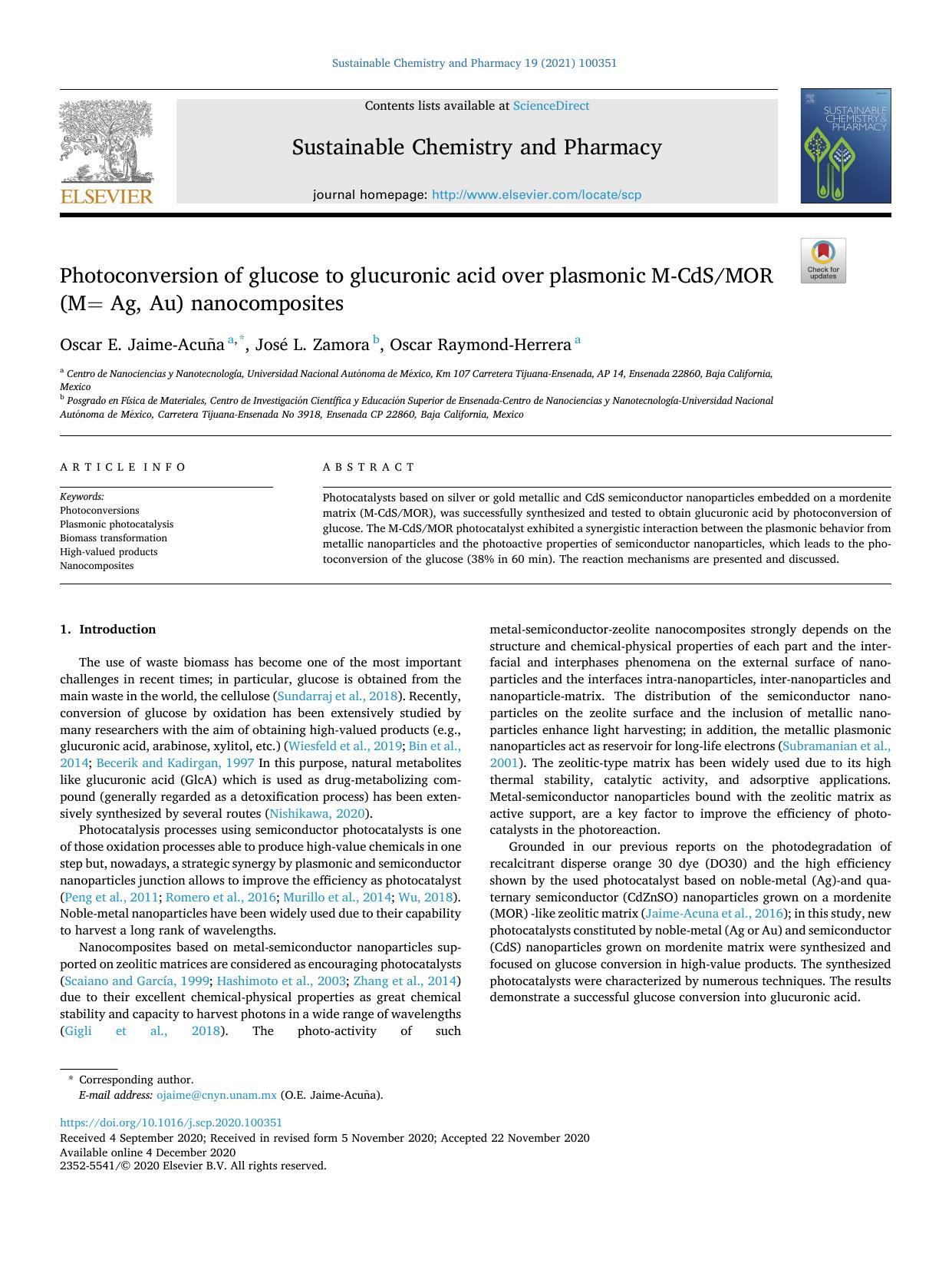 Photoconversion of glucose to glucuronic acid over plasmonic M-CdSMOR (M= Ag, Au) nanocomposites by Oscar E. Jaime-Acuña & José L. Zamora & Oscar Raymond-Herrera