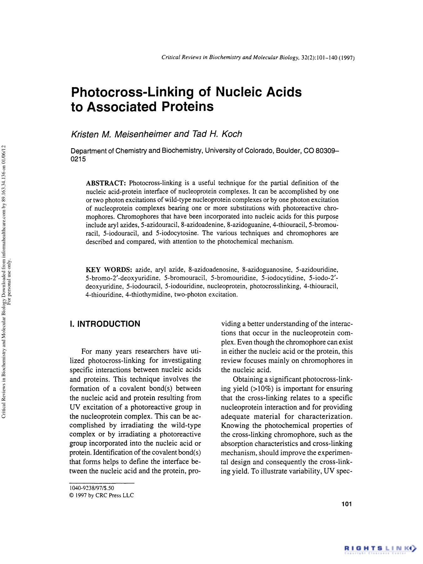 Photocross-Linking of Nucleic Acids to Associated Proteins by Kristen M. Meisenheimer & Tad H. Koch