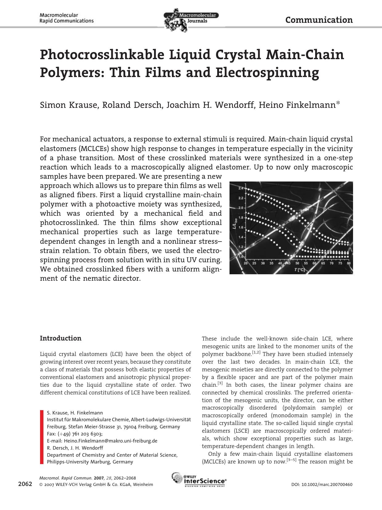 Photocrosslinkable Liquid Crystal Main-Chain Polymers: Thin Films and Electrospinning by Unknown