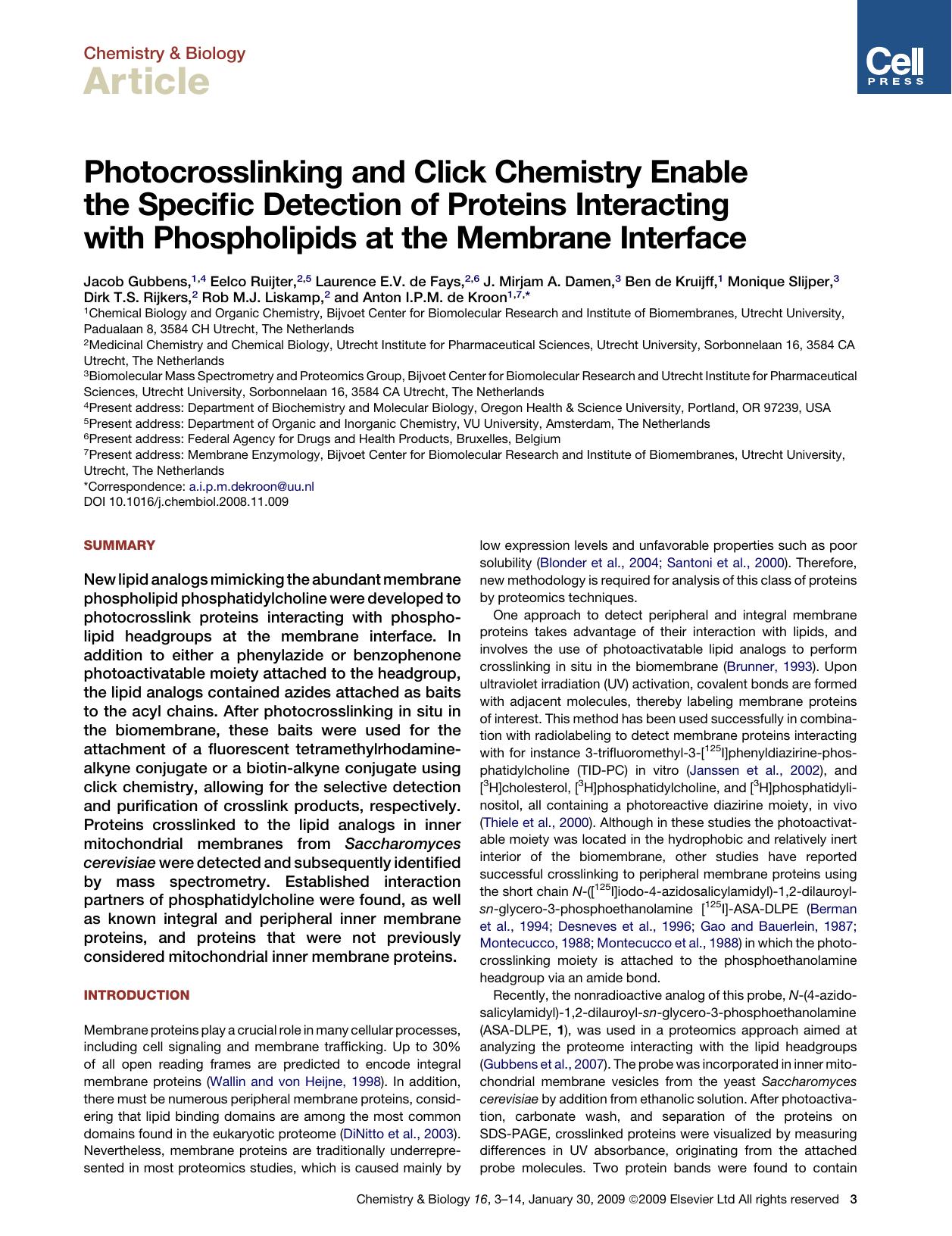 Photocrosslinking and Click Chemistry Enable the Specific Detection of Proteins Interacting with Phospholipids at the Membrane Interface by unknow