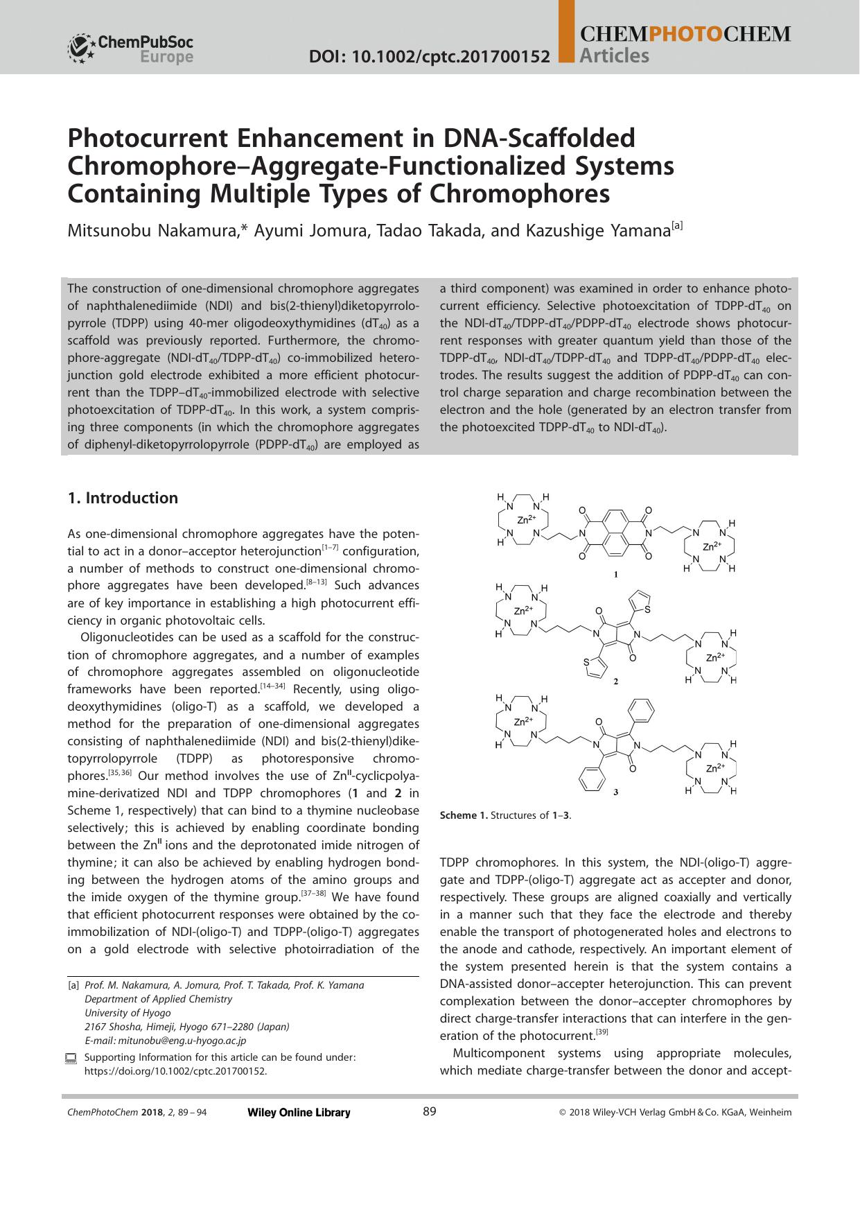 Photocurrent Enhancement in DNAâScaffolded ChromophoreâAggregateâFunctionalized Systems Containing Multiple Types of Chromophores by Unknown