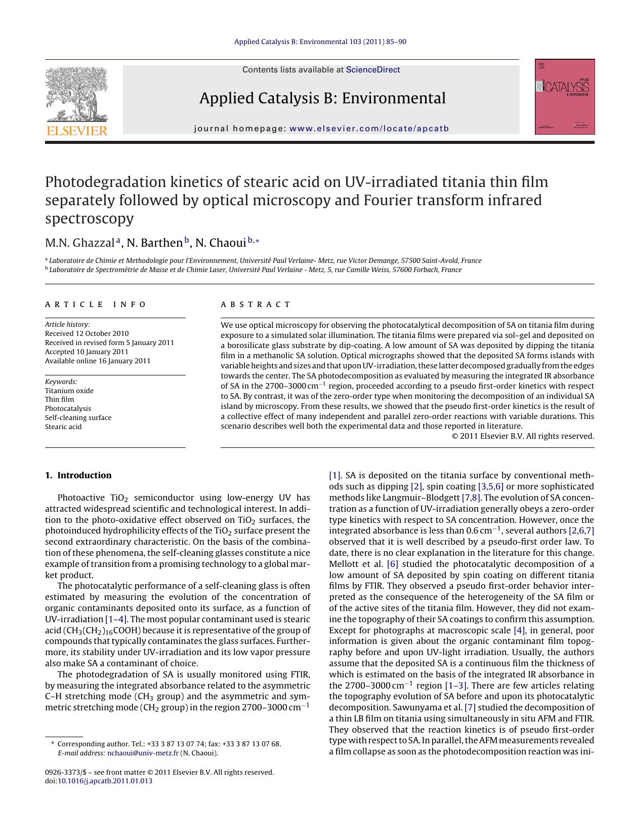 Photodegradation kinetics of stearic acid on UV-irradiated titania thin film separately followed by optical microscopy and Fourier transform infrared spectroscopy by M.N. Ghazzal